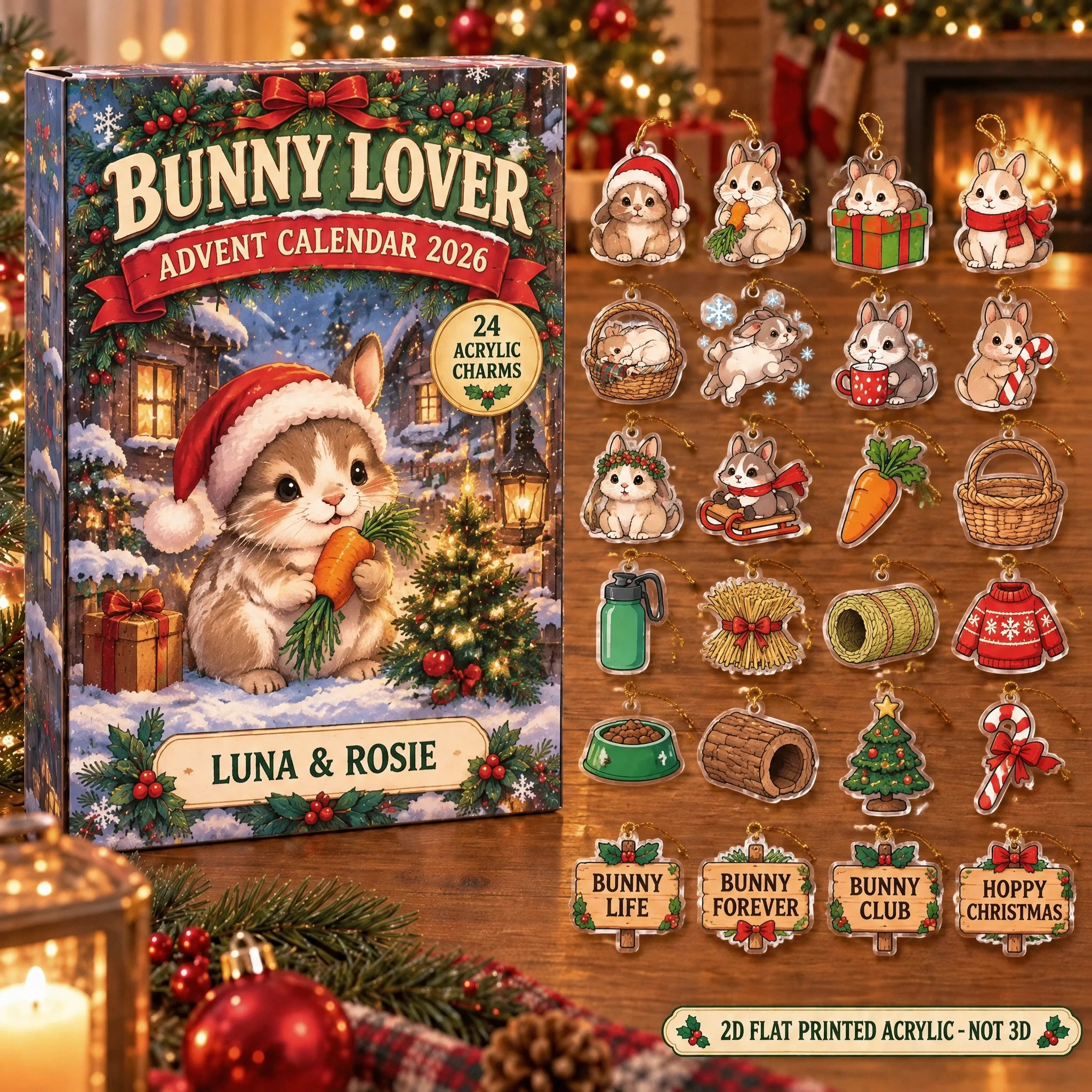Personalized Bunny Lover advent calendar box with 24 flat acrylic Christmas charms