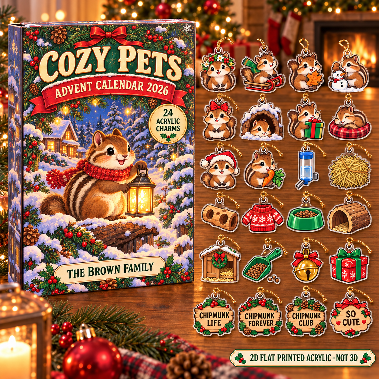 Personalized Chipmunk Lover advent calendar box with 24 flat acrylic Christmas charms