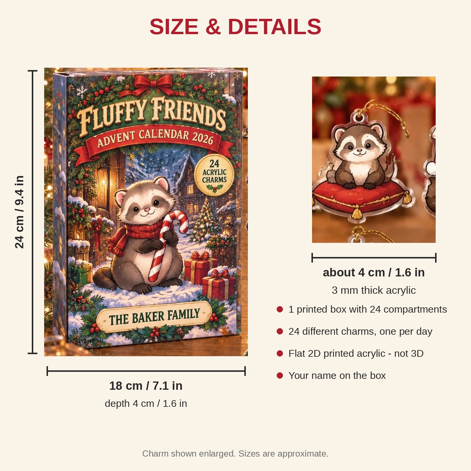 Personalized Ferret Lover advent calendar box with 24 flat acrylic Christmas charms: box and charm sizes