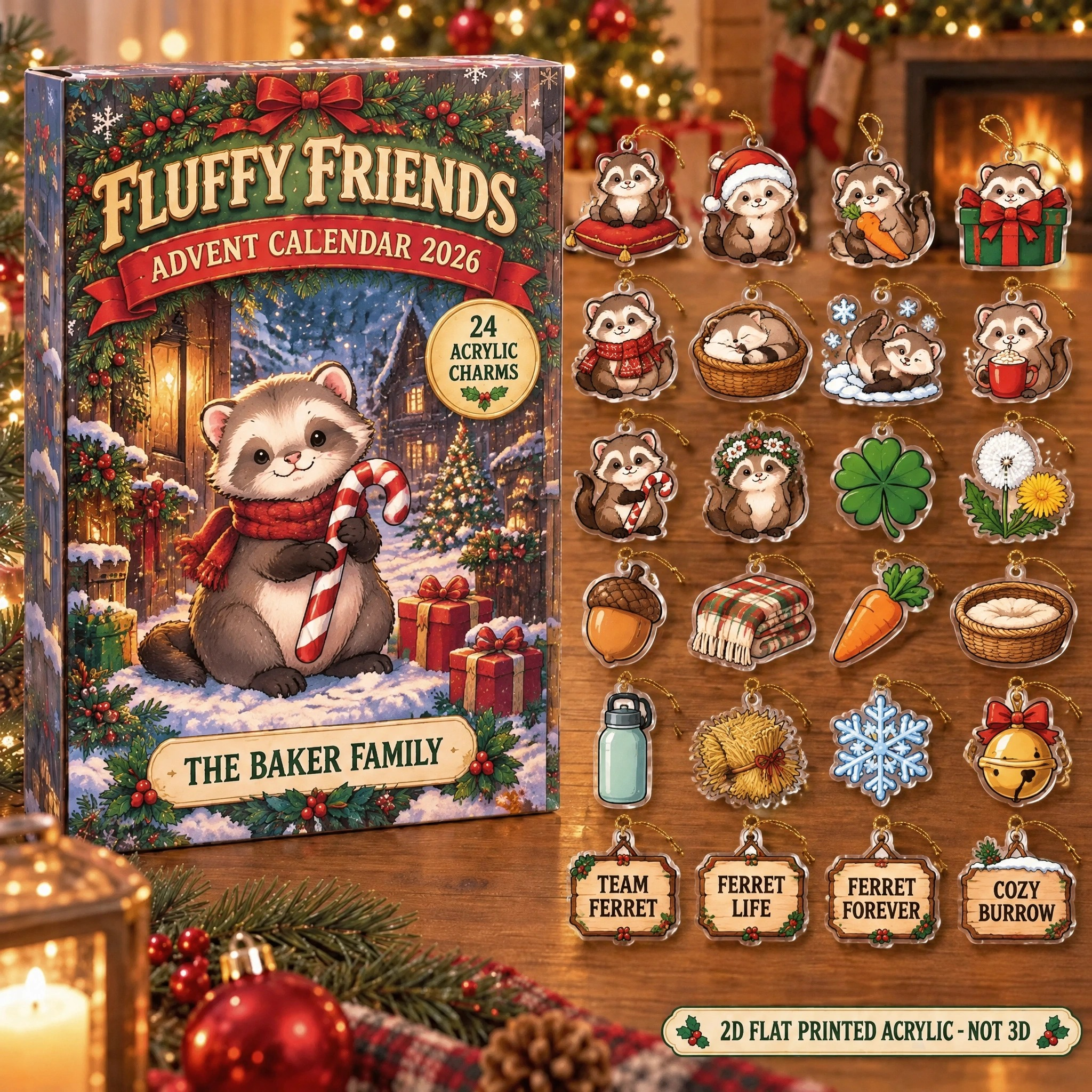 Personalized Ferret Lover advent calendar box with 24 flat acrylic Christmas charms