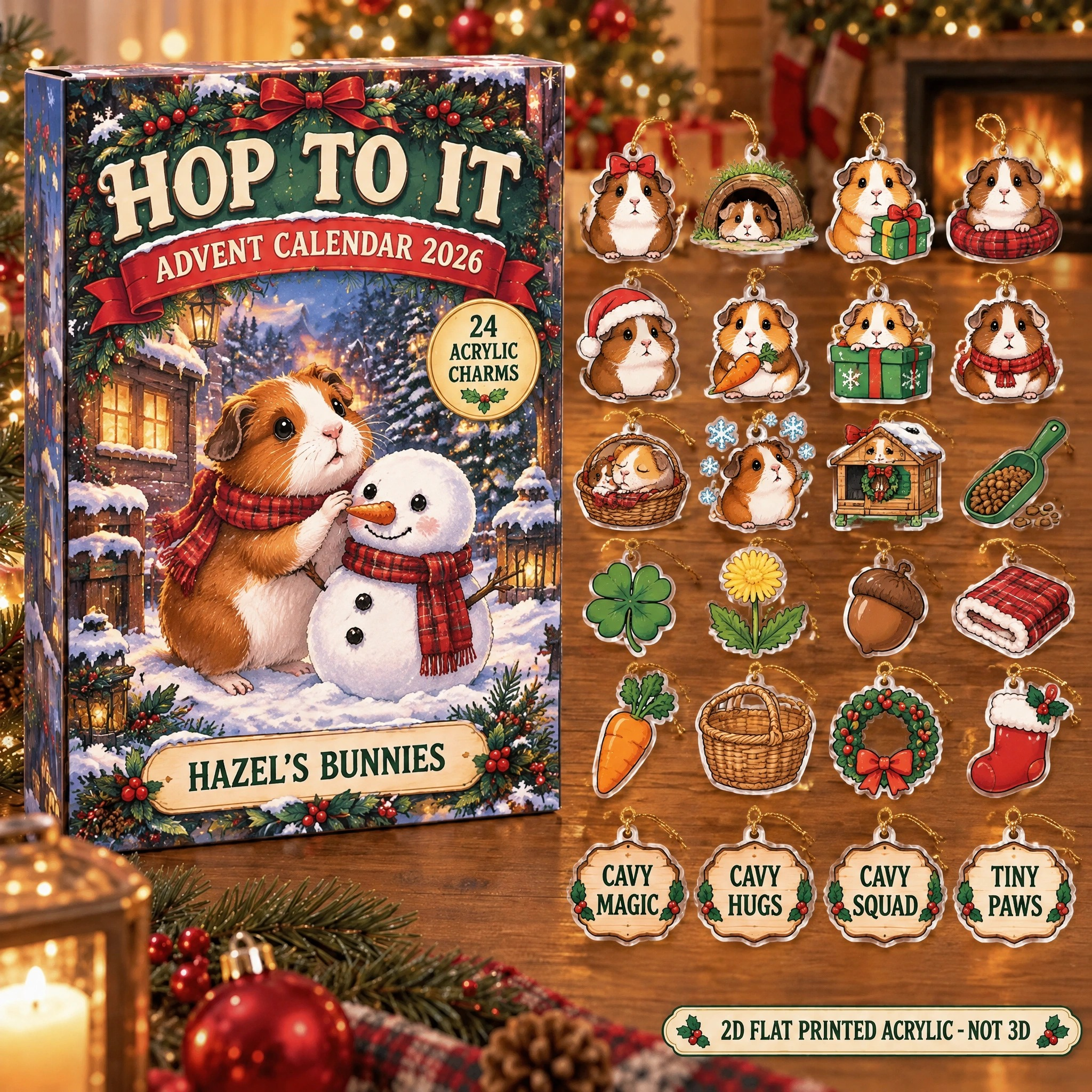 Personalized Guinea Pig Lover advent calendar box with 24 flat acrylic Christmas charms