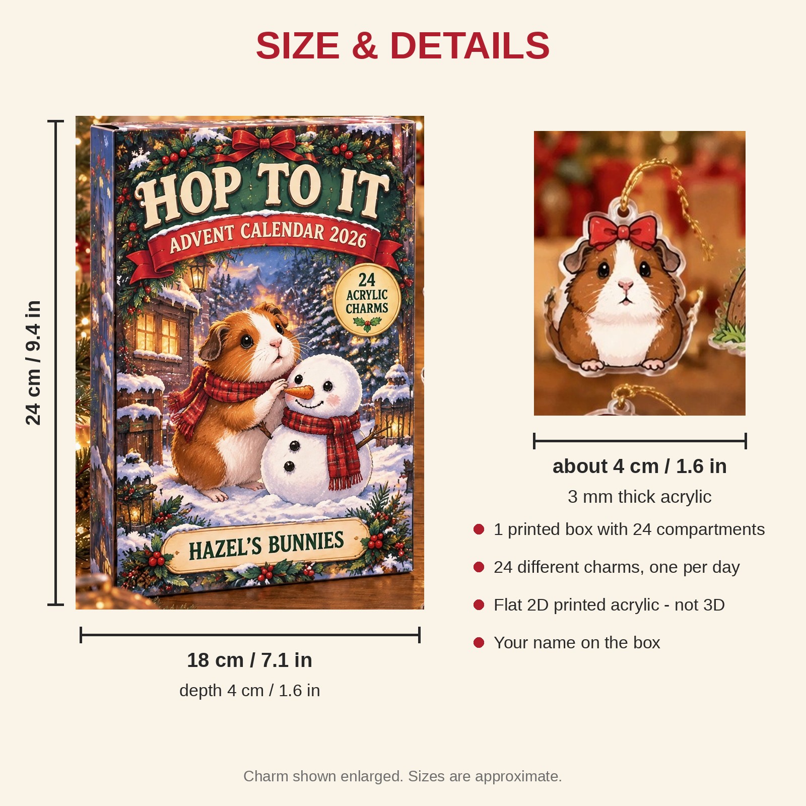 Personalized Guinea Pig Lover advent calendar box with 24 flat acrylic Christmas charms: box and charm sizes