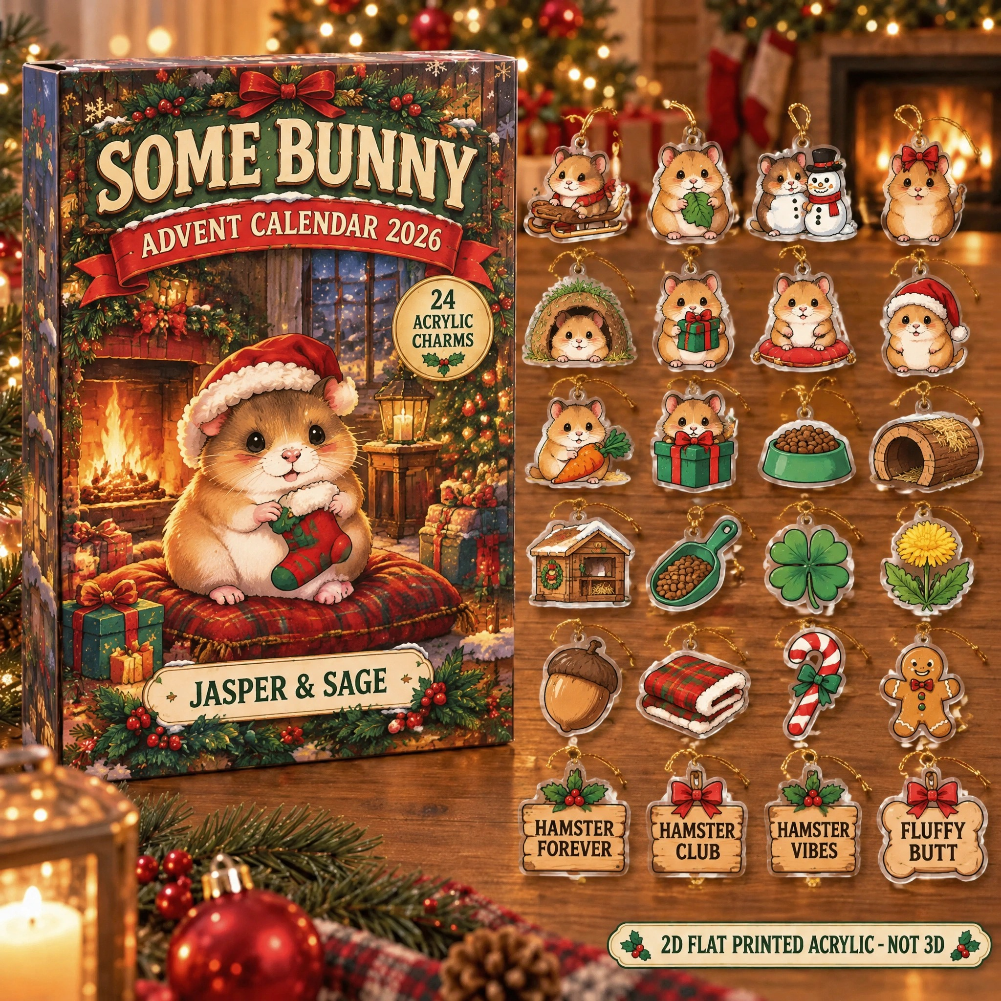 Personalized Hamster Lover advent calendar box with 24 flat acrylic Christmas charms