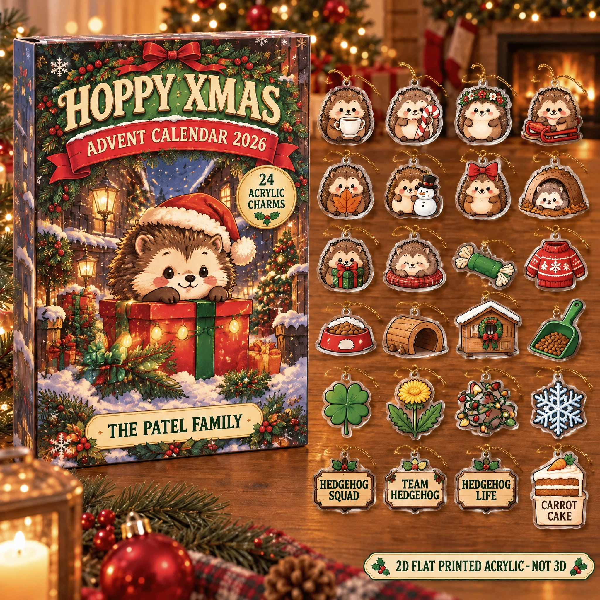 Personalized Hedgehog Lover advent calendar box with 24 flat acrylic Christmas charms