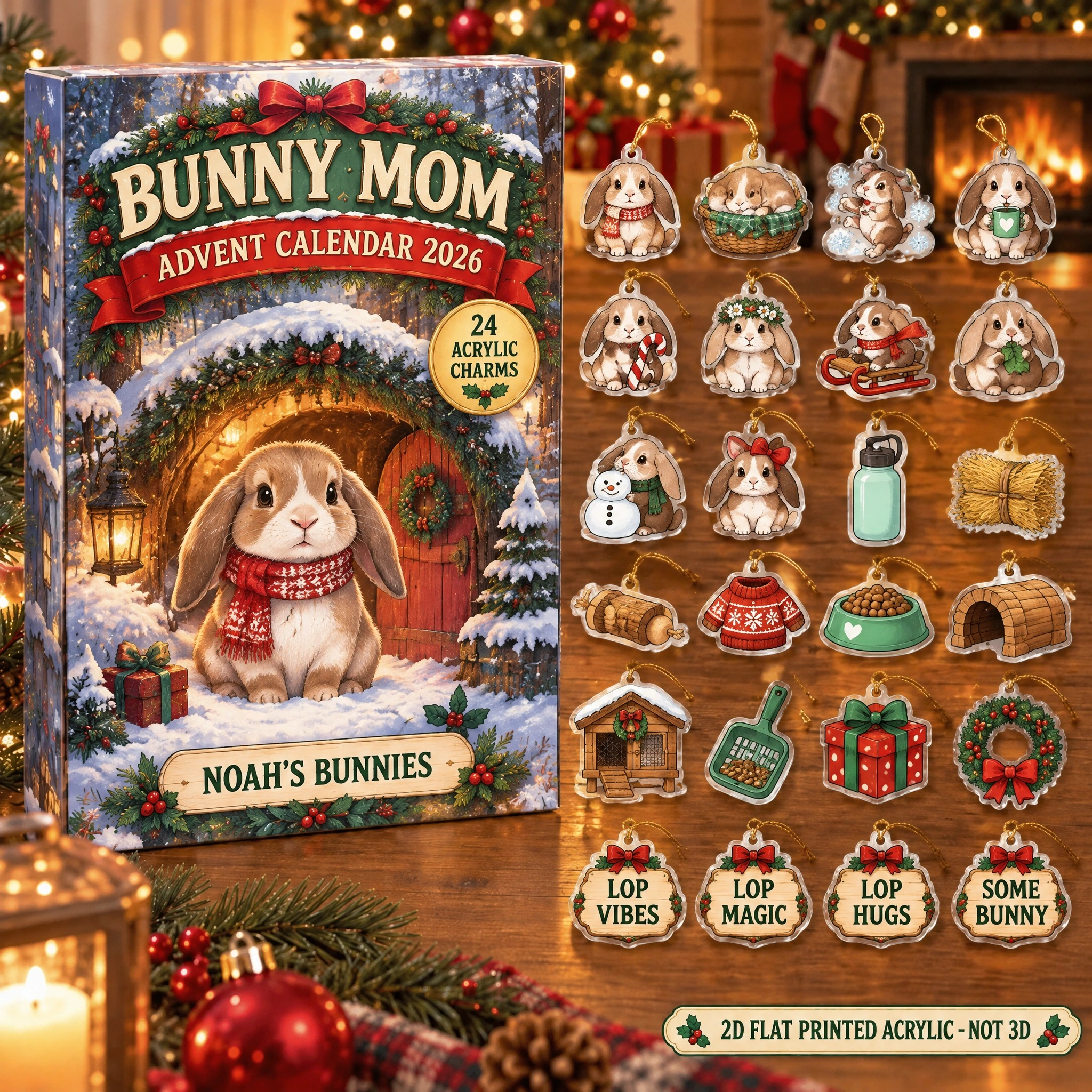 Personalized Lop Bunny Lover advent calendar box with 24 flat acrylic Christmas charms