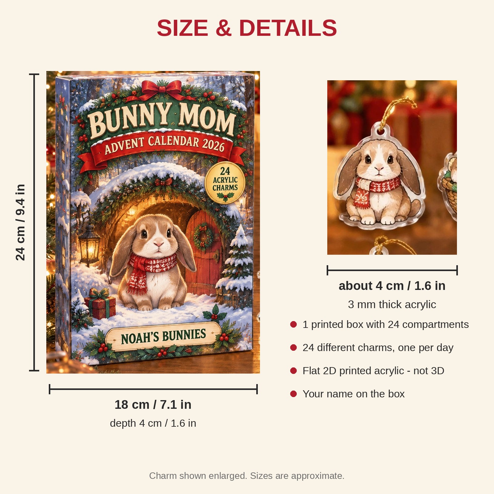 Personalized Lop Bunny Lover advent calendar box with 24 flat acrylic Christmas charms: box and charm sizes