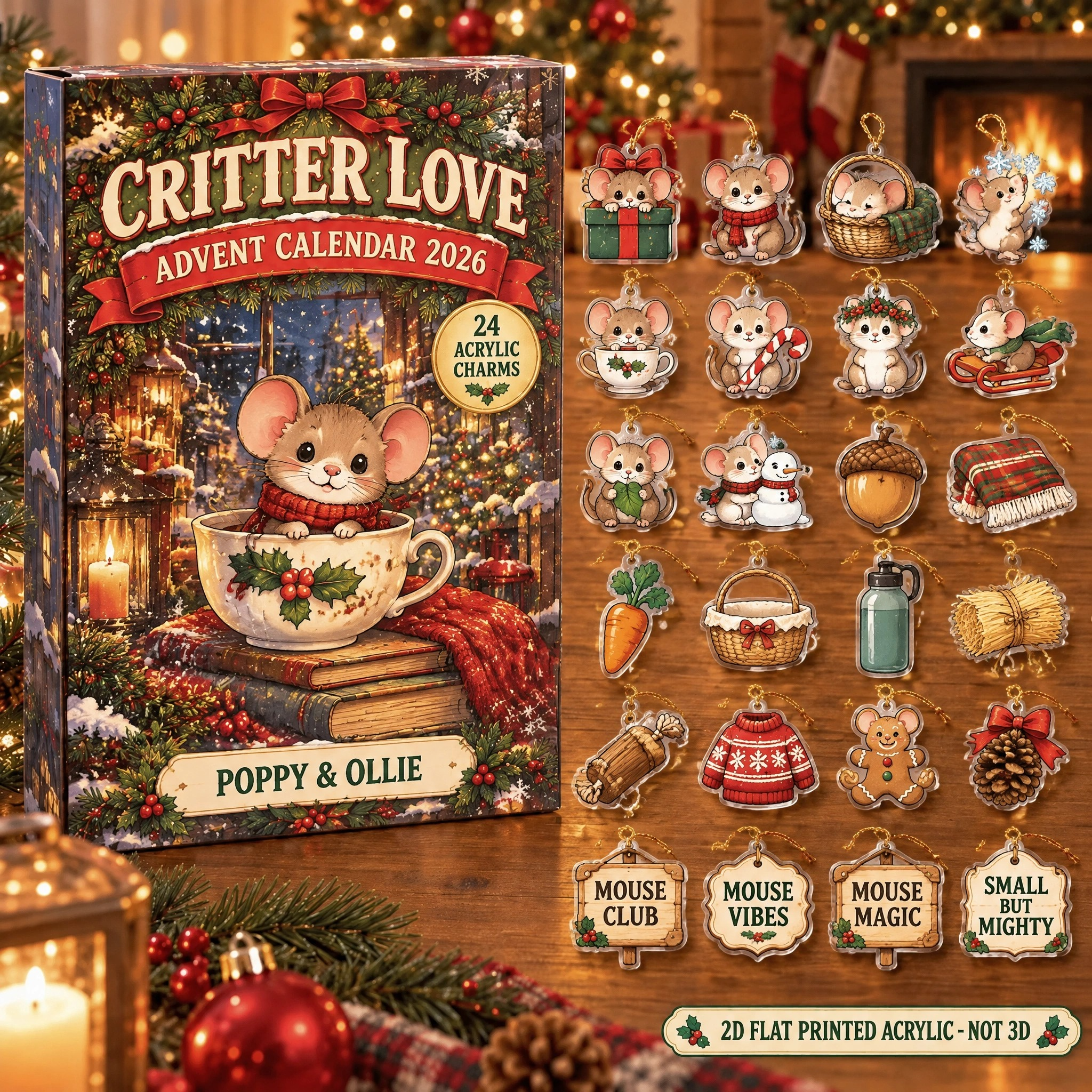 Personalized Mouse Lover advent calendar box with 24 flat acrylic Christmas charms
