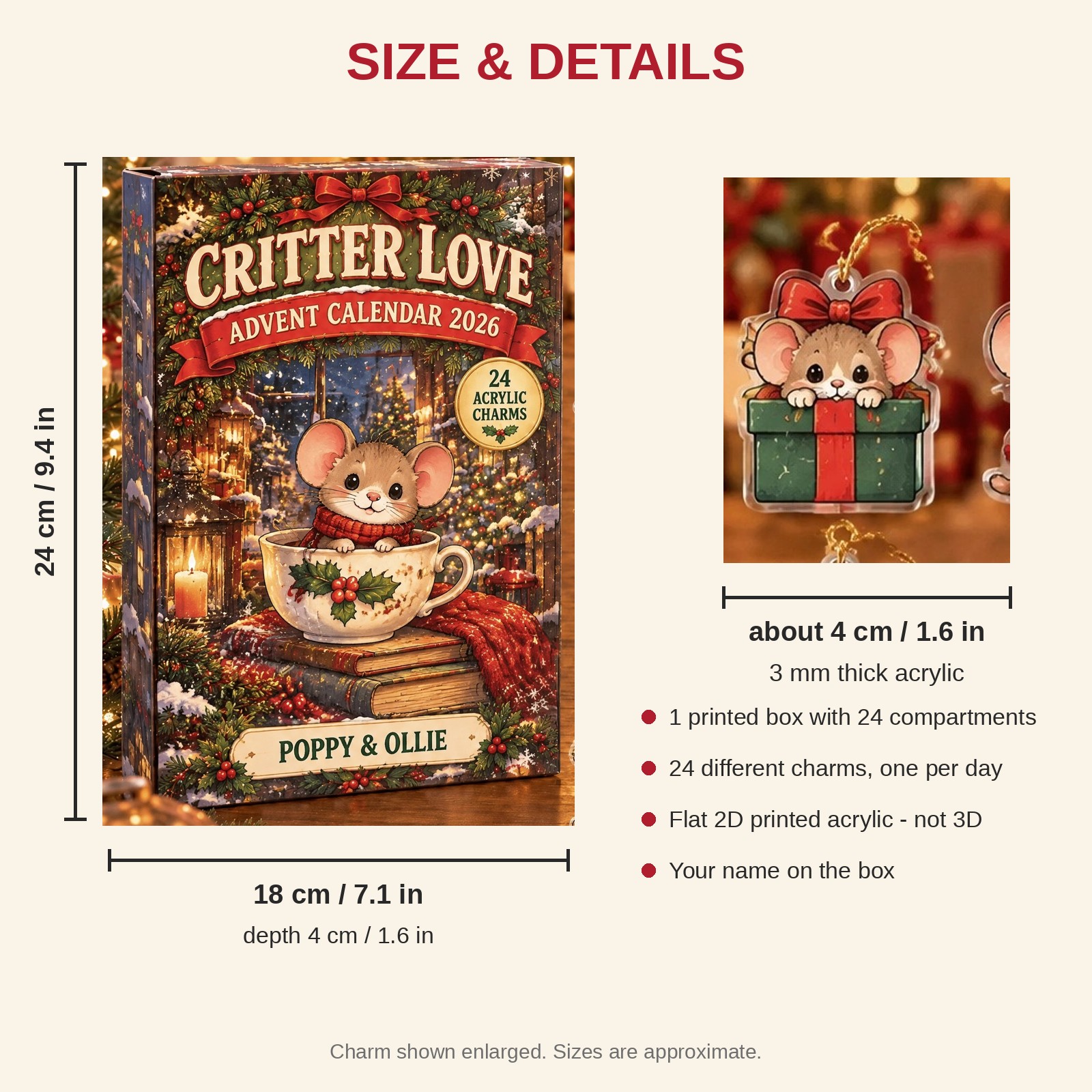 Personalized Mouse Lover advent calendar box with 24 flat acrylic Christmas charms: box and charm sizes