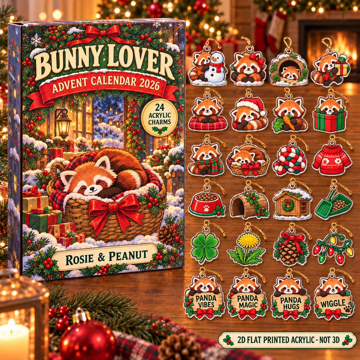 Personalized Red Panda Lover advent calendar box with 24 flat acrylic Christmas charms