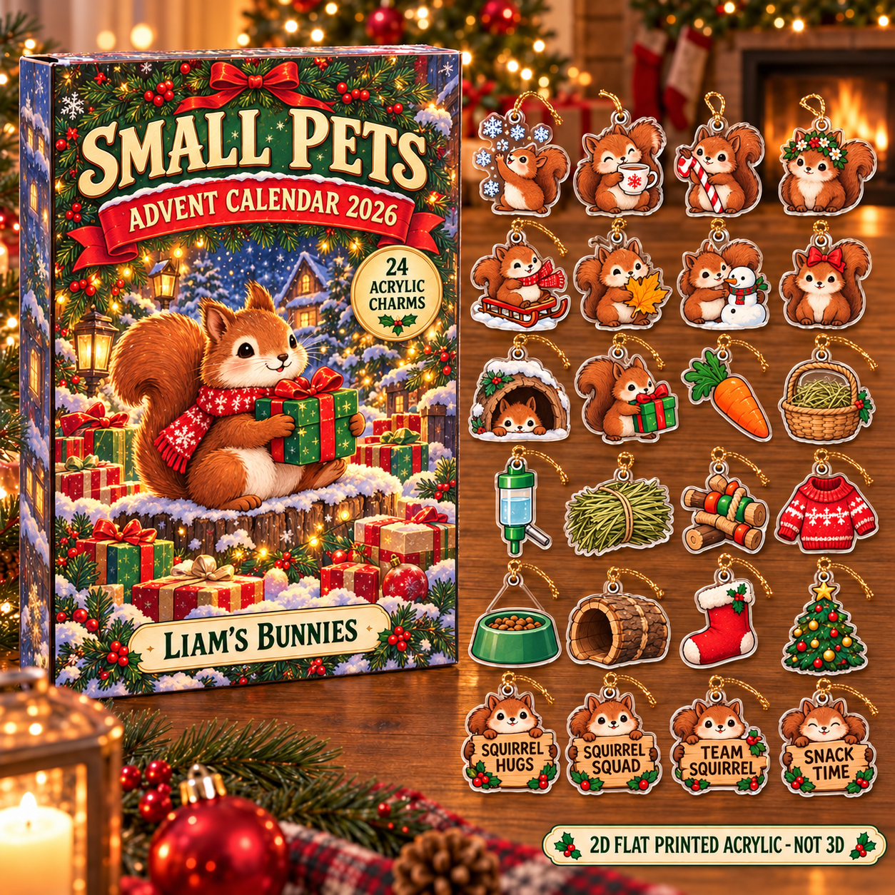Personalized Squirrel Lover advent calendar box with 24 flat acrylic Christmas charms
