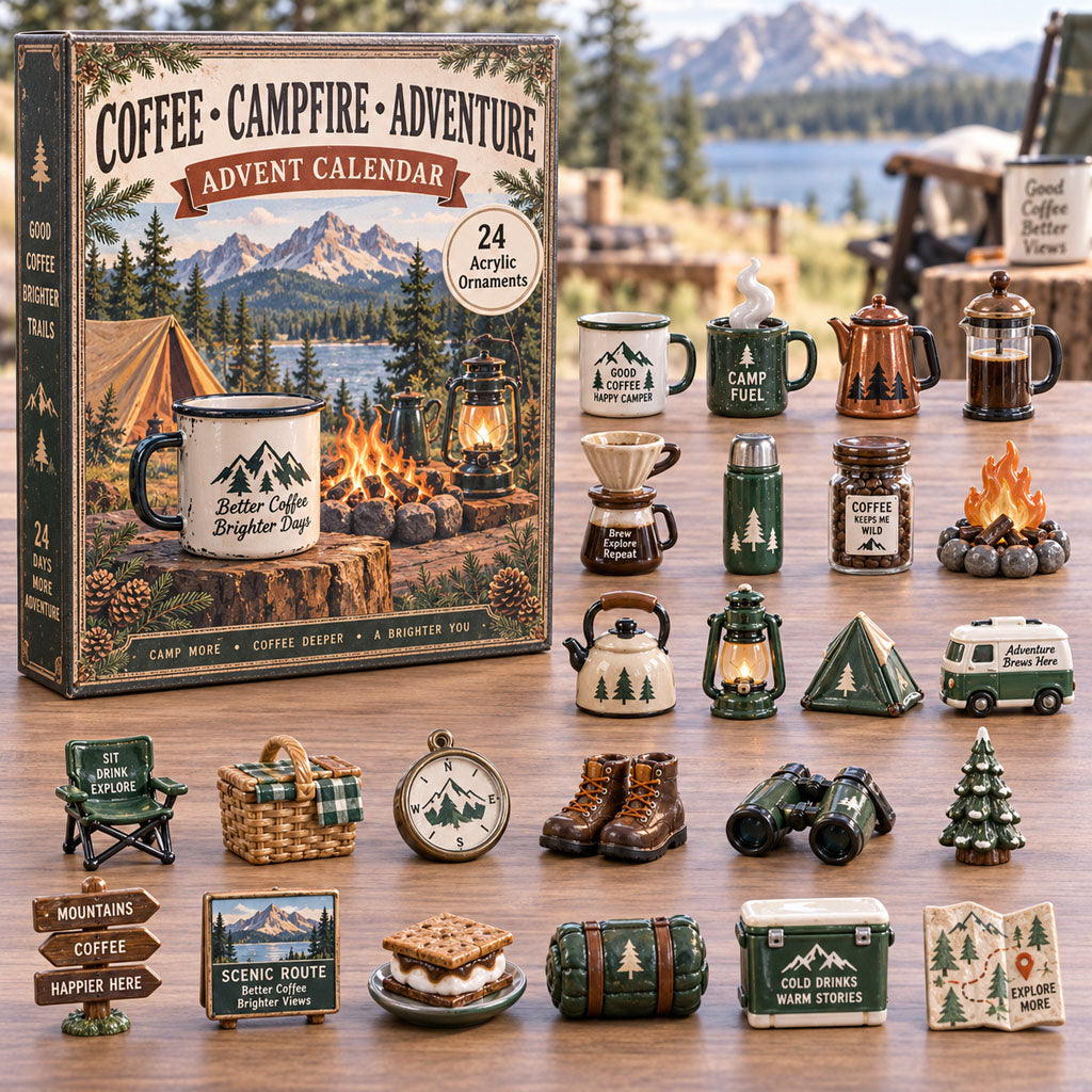 Camp Coffee Adventure advent calendar box with 24 acrylic Christmas charms