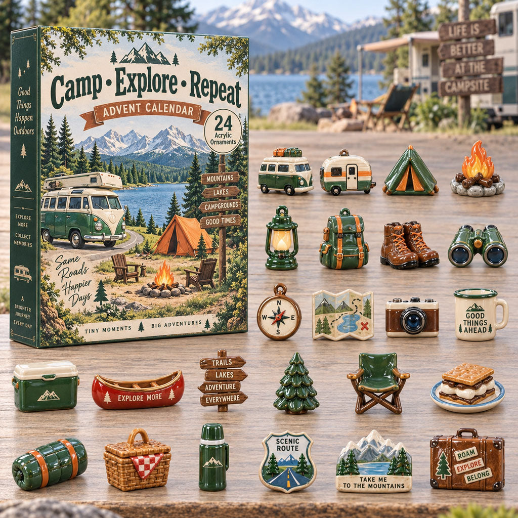 Camp Explore Repeat advent calendar box with 24 acrylic Christmas charms