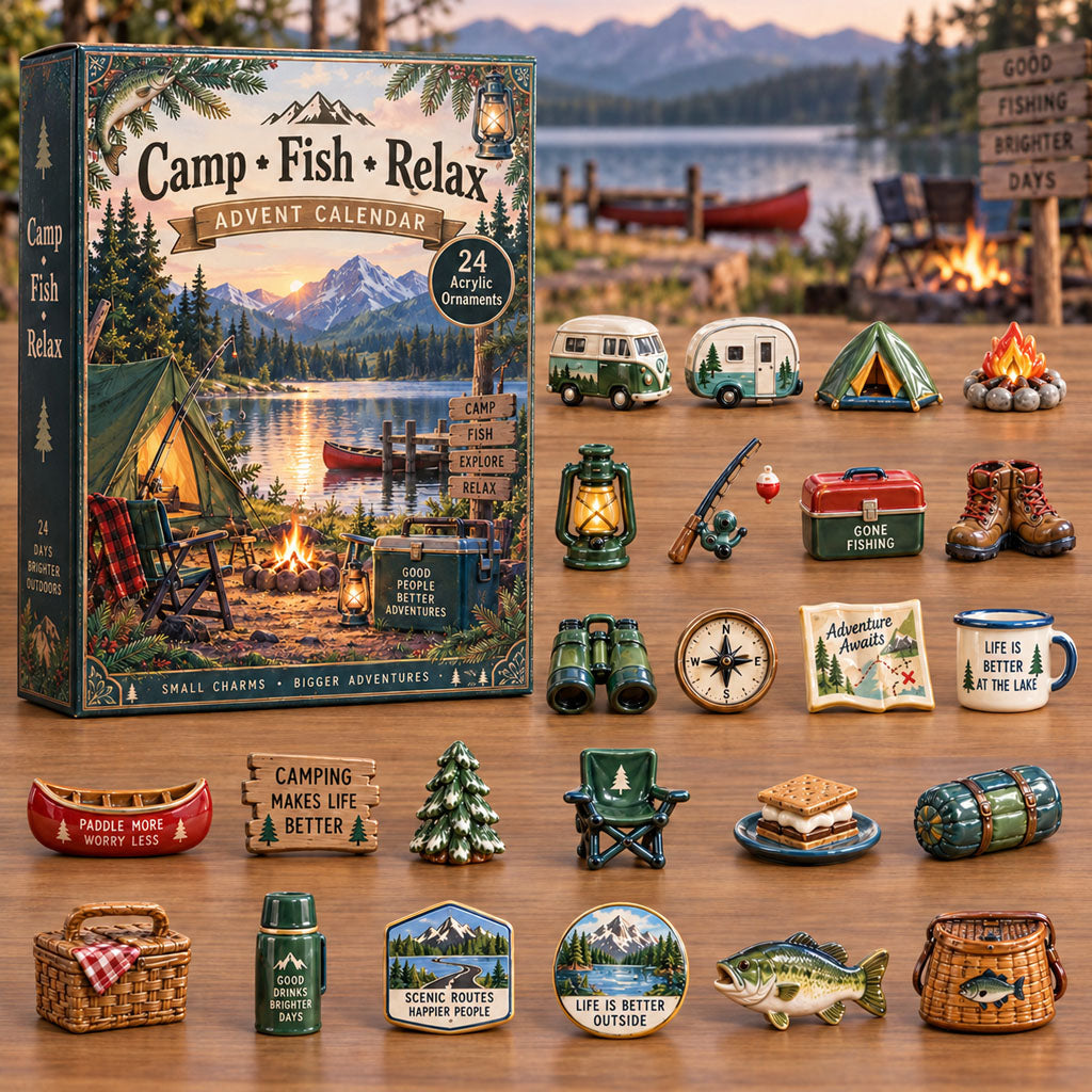 Camp Fish Relax advent calendar box with 24 acrylic Christmas charms