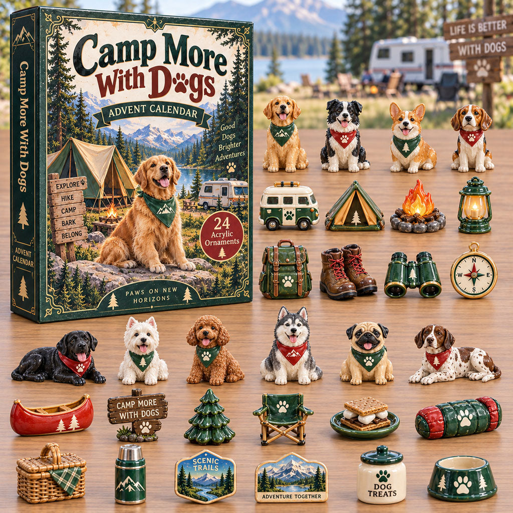 Camp More with Dogs advent calendar box with 24 acrylic Christmas charms
