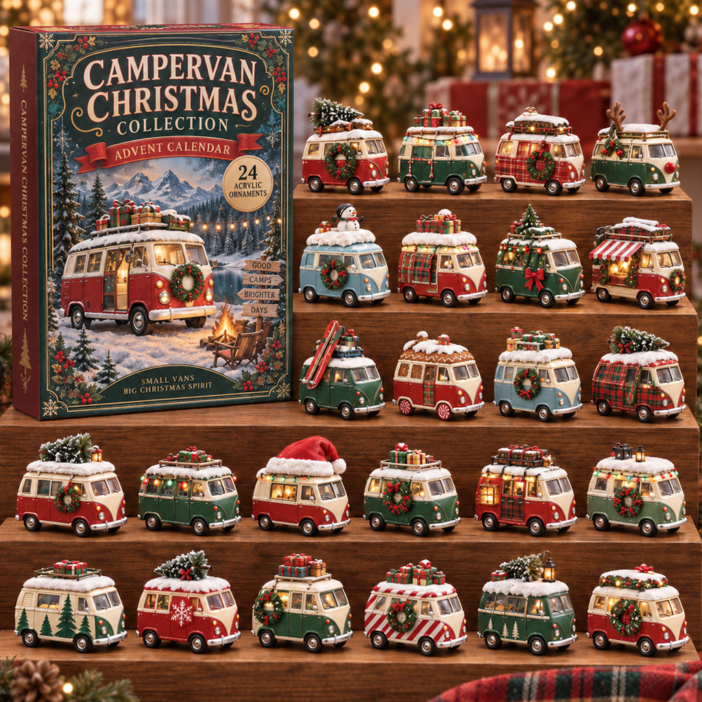 Campervan Christmas advent calendar box with 24 acrylic Christmas charms