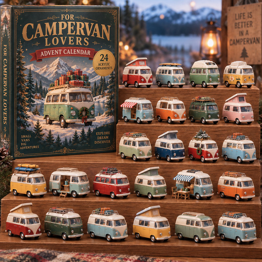 Campervan Lovers advent calendar box with 24 acrylic Christmas charms