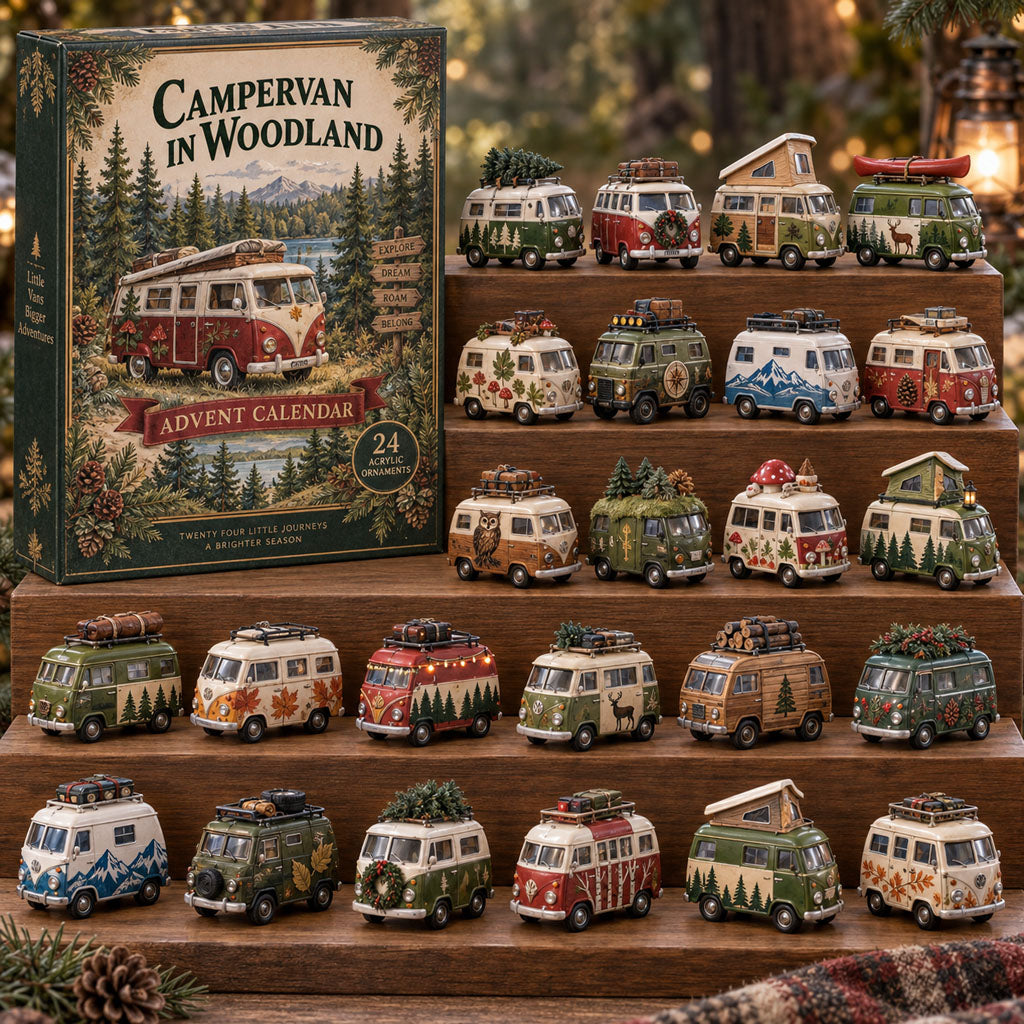 Campervan Woodland advent calendar box with 24 acrylic Christmas charms