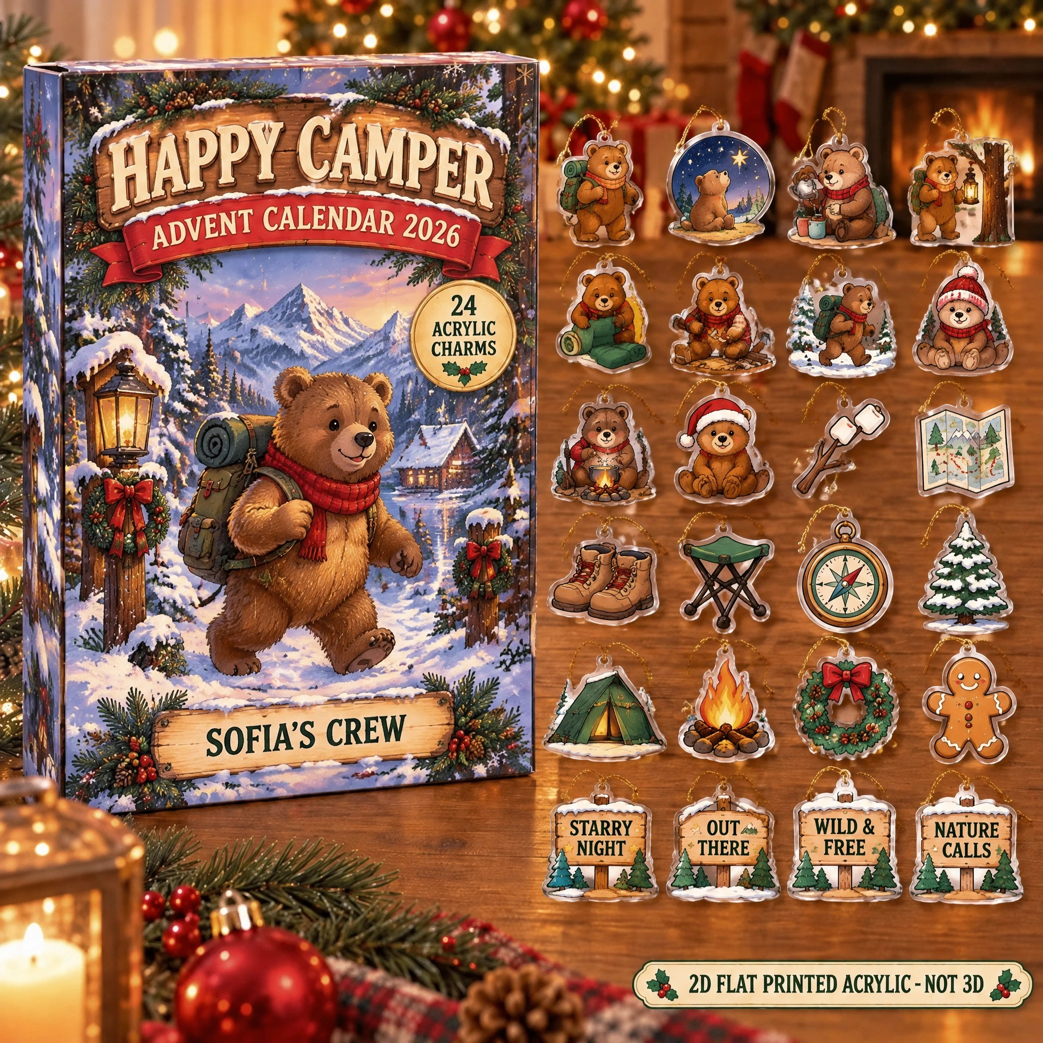 Personalized Camping Bear advent calendar box with 24 flat acrylic Christmas charms