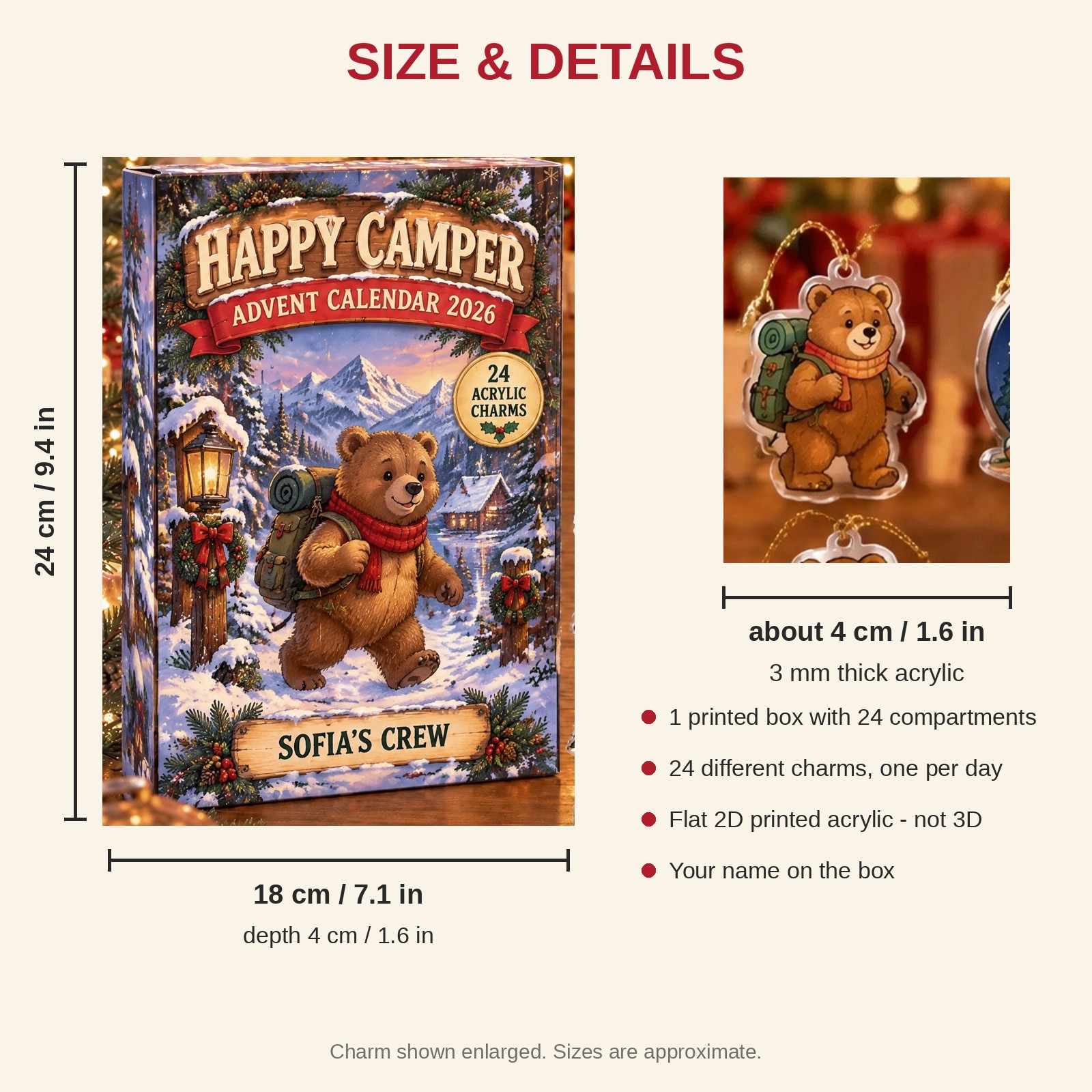 Personalized Camping Bear advent calendar box with 24 flat acrylic Christmas charms: box and charm sizes