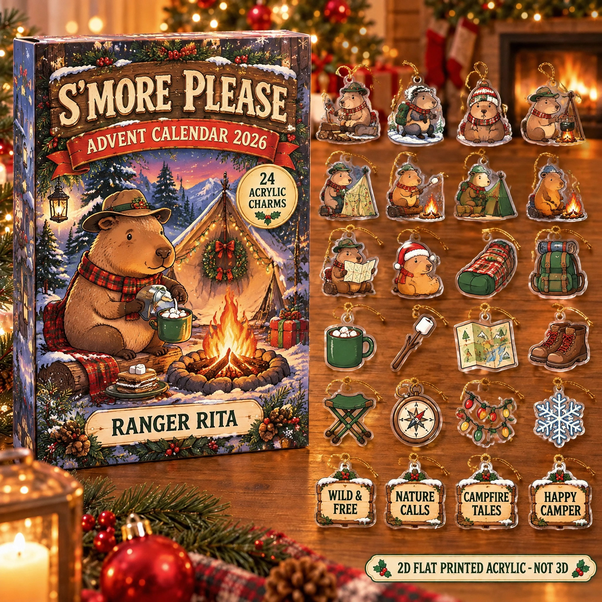 Personalized Camping Capybara advent calendar box with 24 flat acrylic Christmas charms