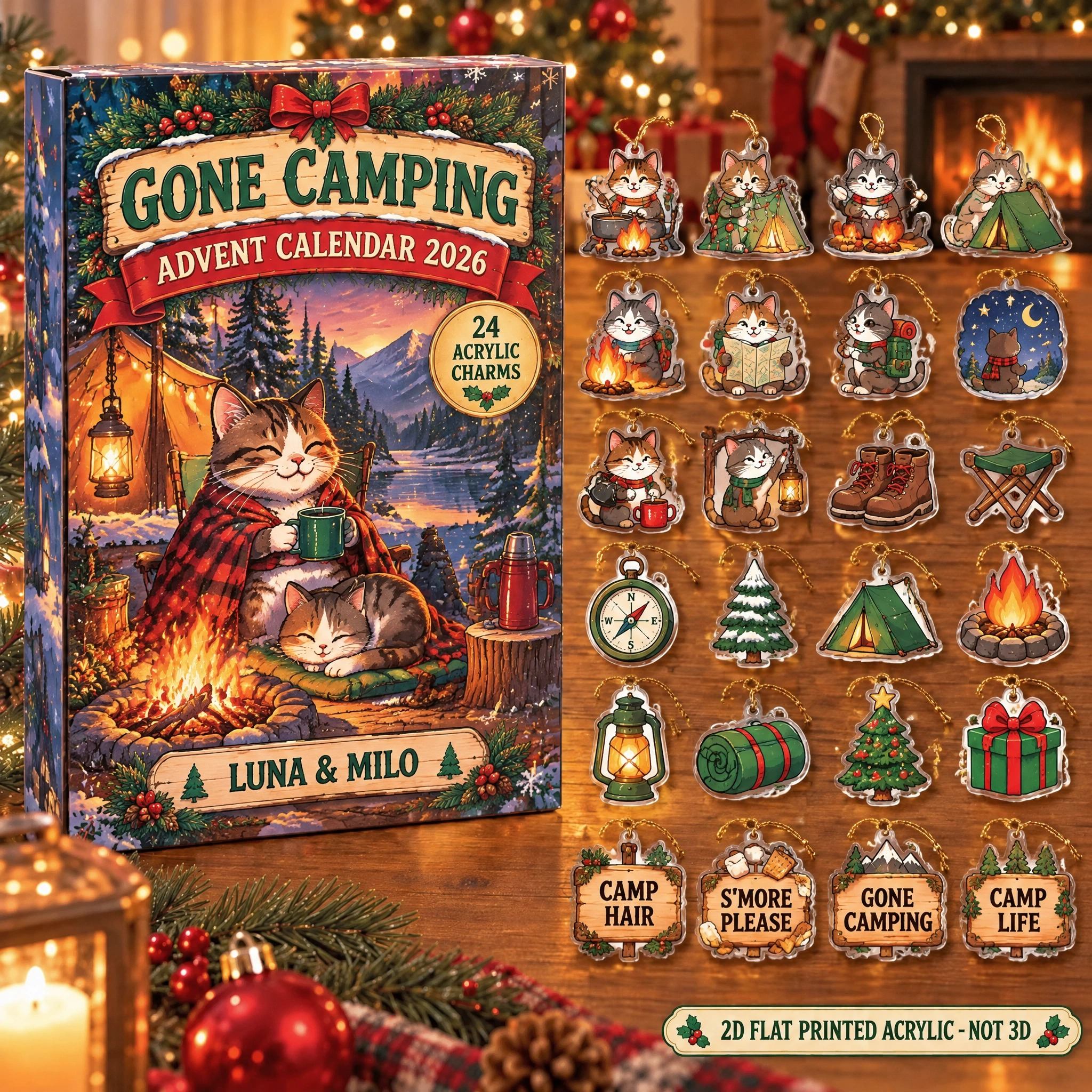 Personalized Camping Cat advent calendar box with 24 flat acrylic Christmas charms