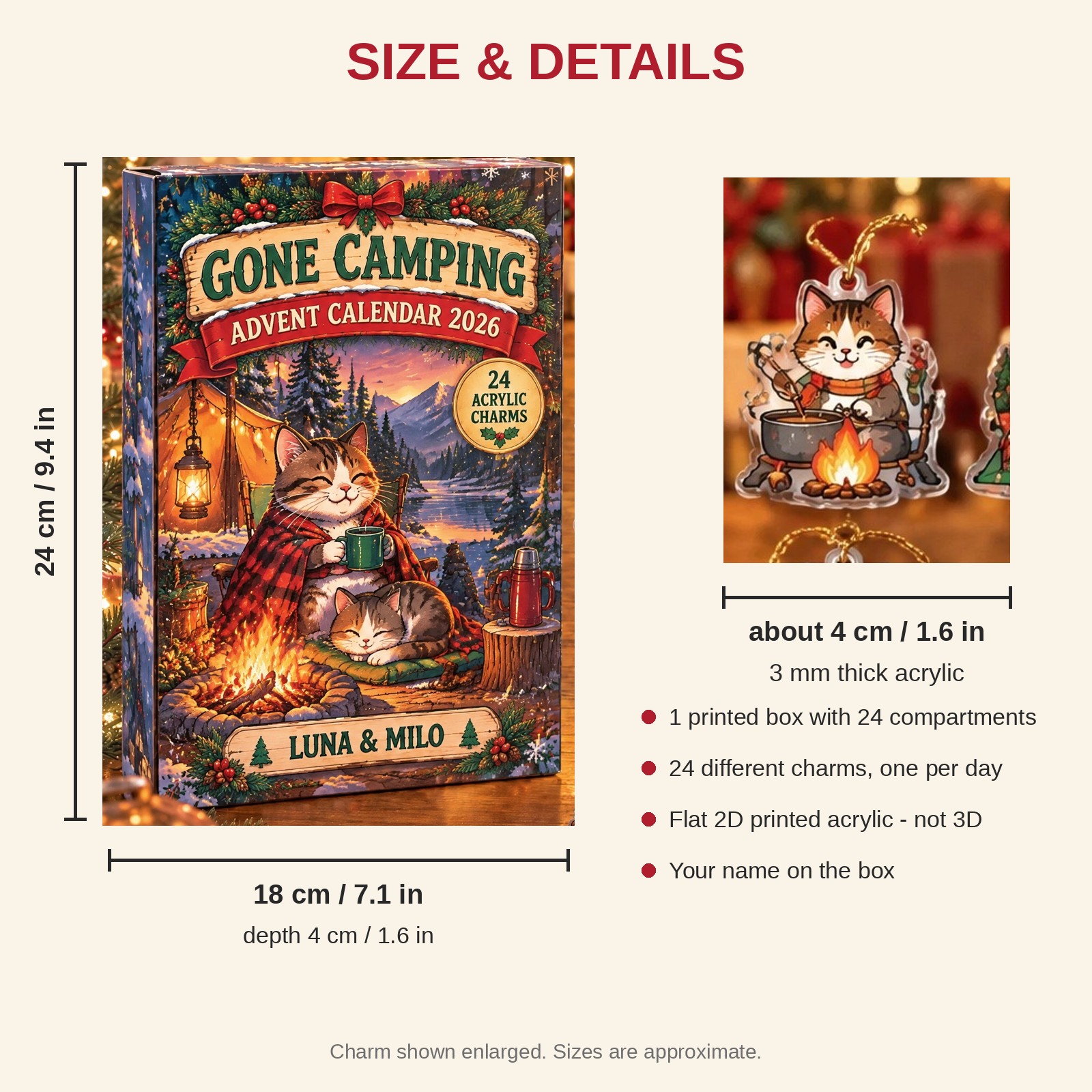 Personalized Camping Cat advent calendar box with 24 flat acrylic Christmas charms: box and charm sizes