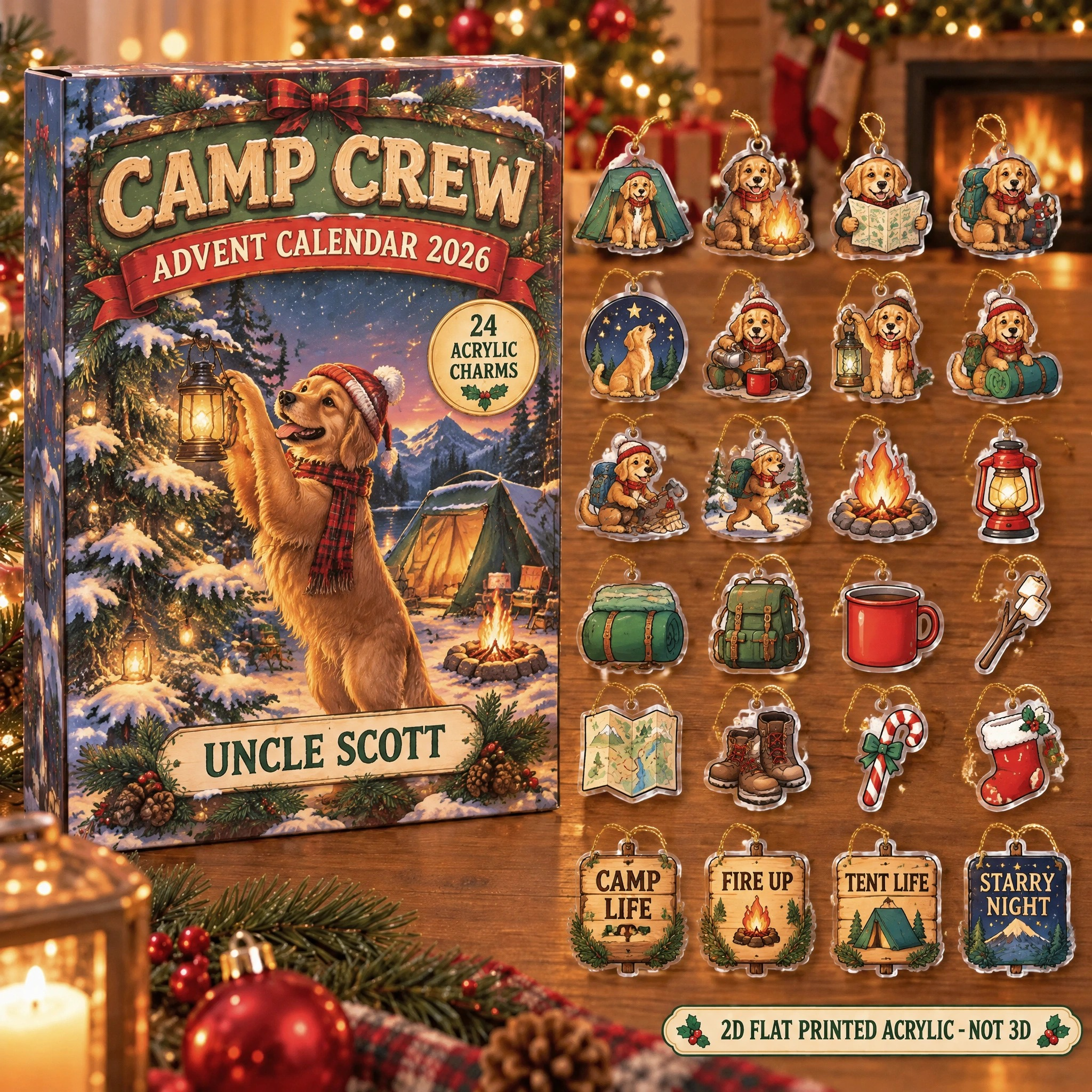 Personalized Camping Dog advent calendar box with 24 flat acrylic Christmas charms