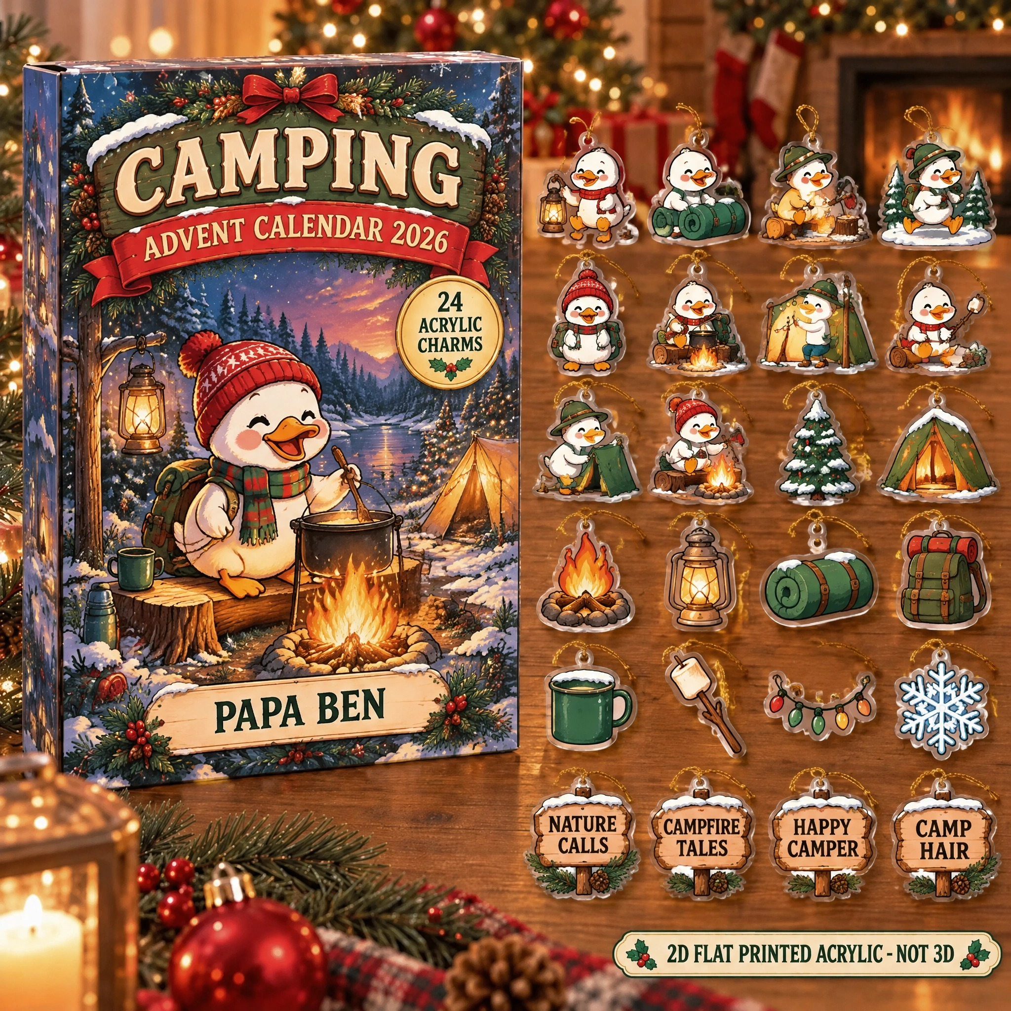 Personalized Camping Duck advent calendar box with 24 flat acrylic Christmas charms