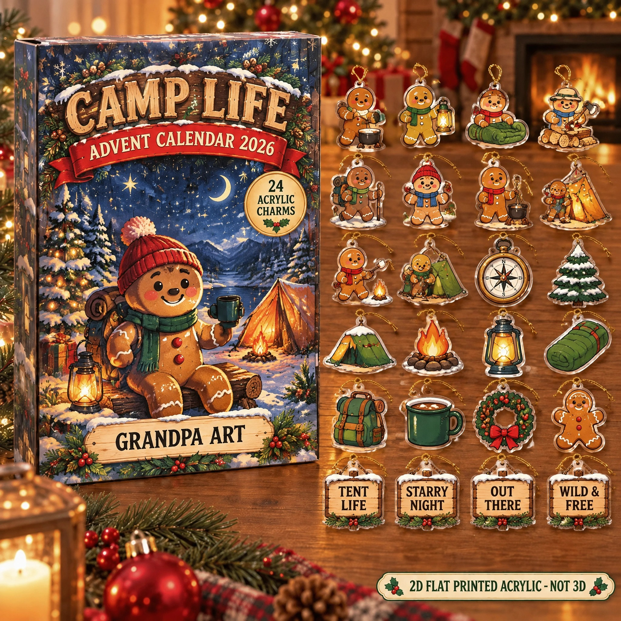 Personalized Camping Gingerbread advent calendar box with 24 flat acrylic Christmas charms