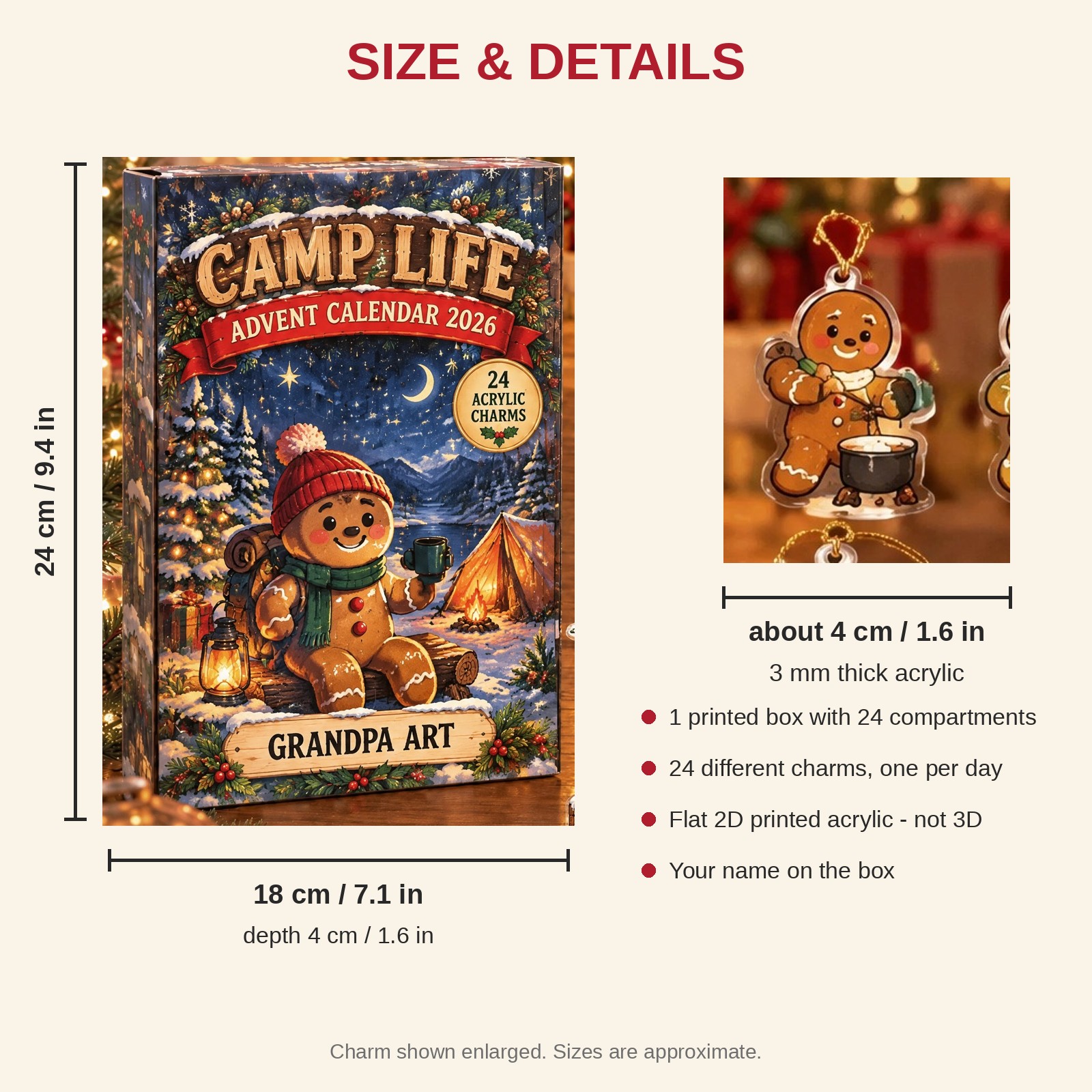 Personalized Camping Gingerbread advent calendar box with 24 flat acrylic Christmas charms: box and charm sizes