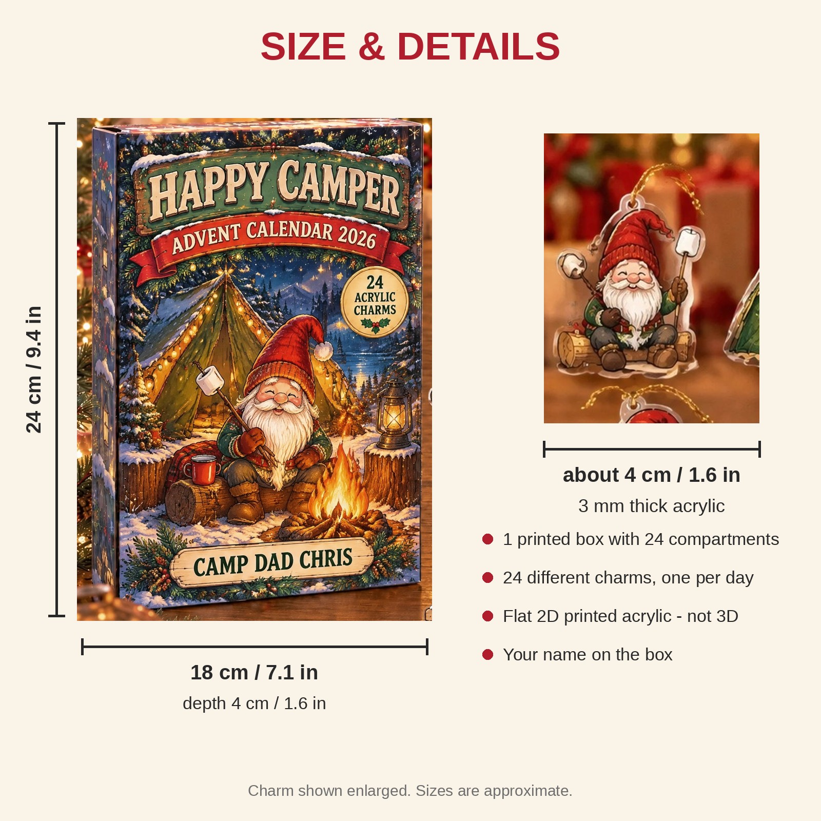 Personalized Camping Gnome advent calendar box with 24 flat acrylic Christmas charms: box and charm sizes