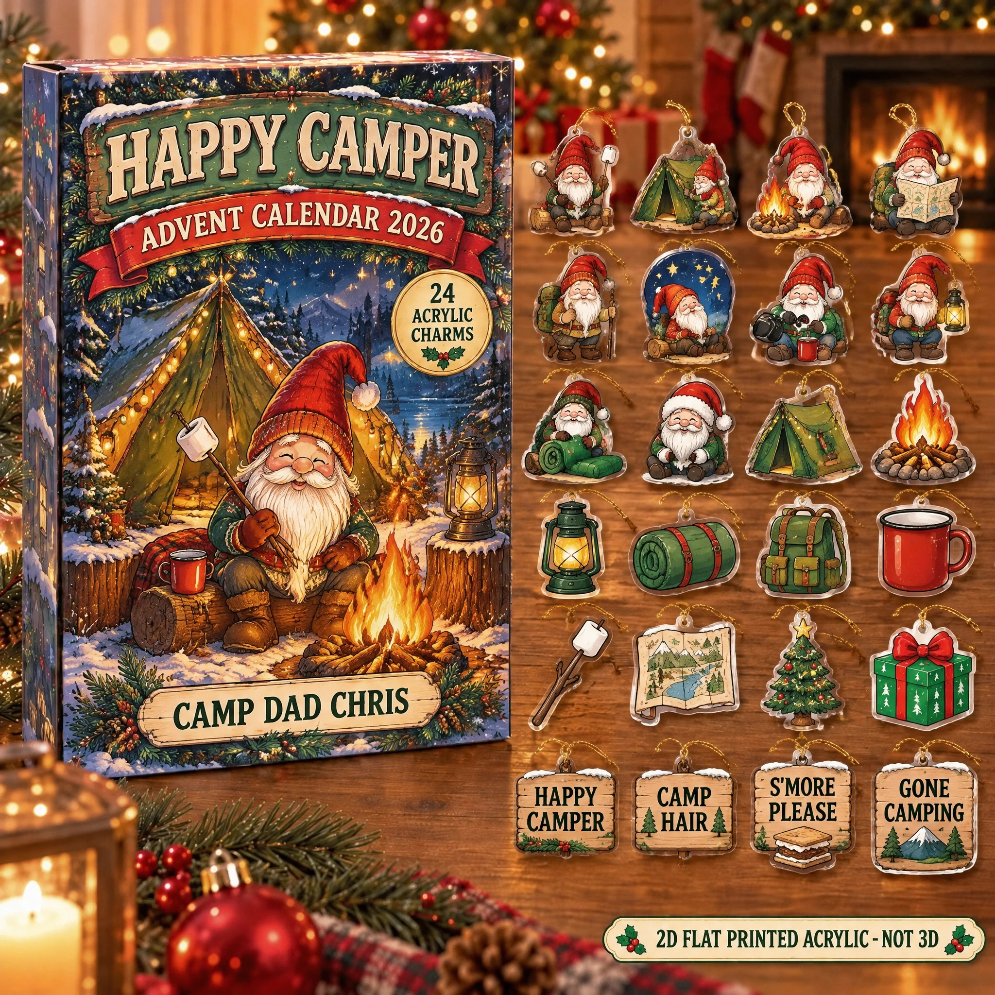 Personalized Camping Gnome advent calendar box with 24 flat acrylic Christmas charms