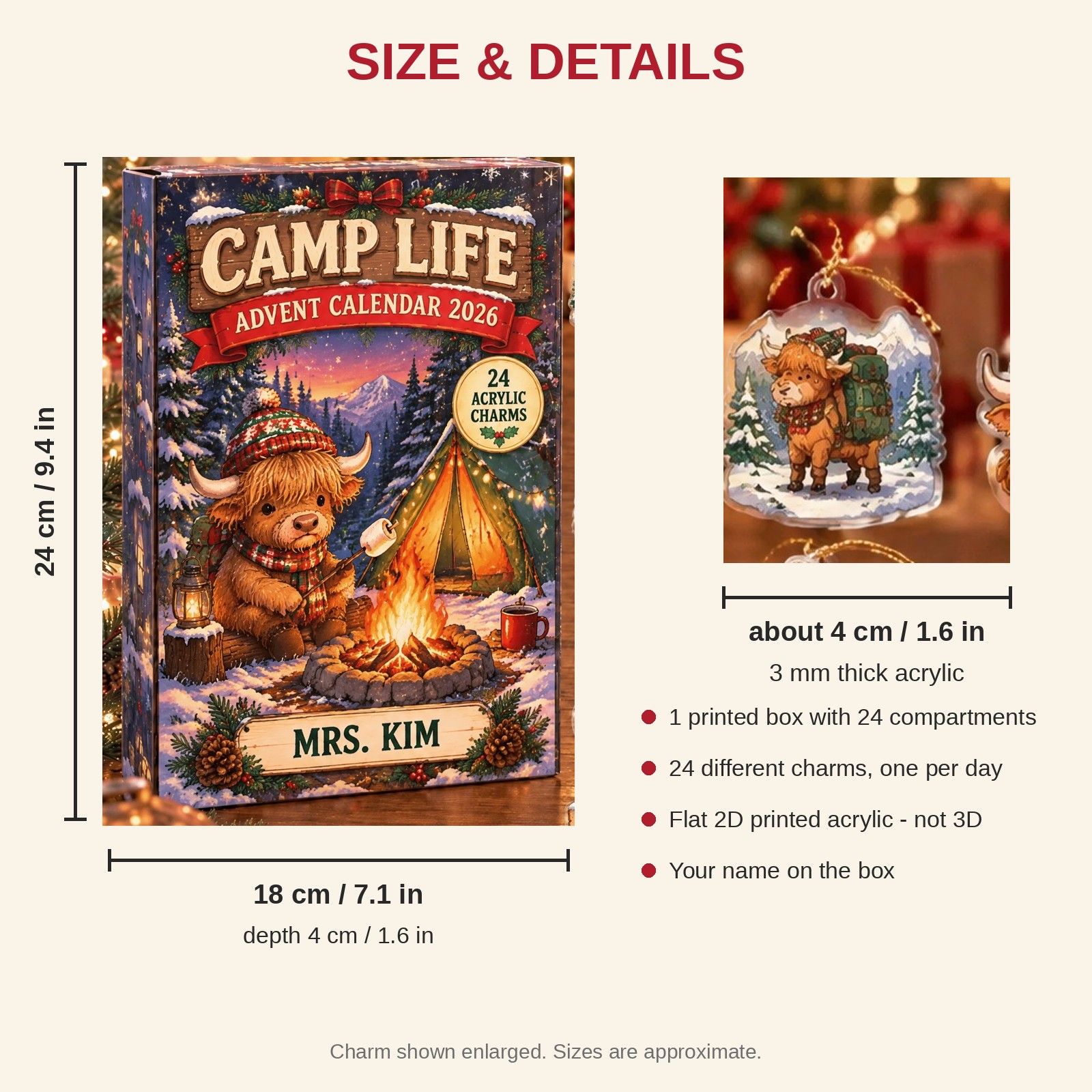 Personalized Camping Highland Cow advent calendar box with 24 flat acrylic Christmas charms: box and charm sizes
