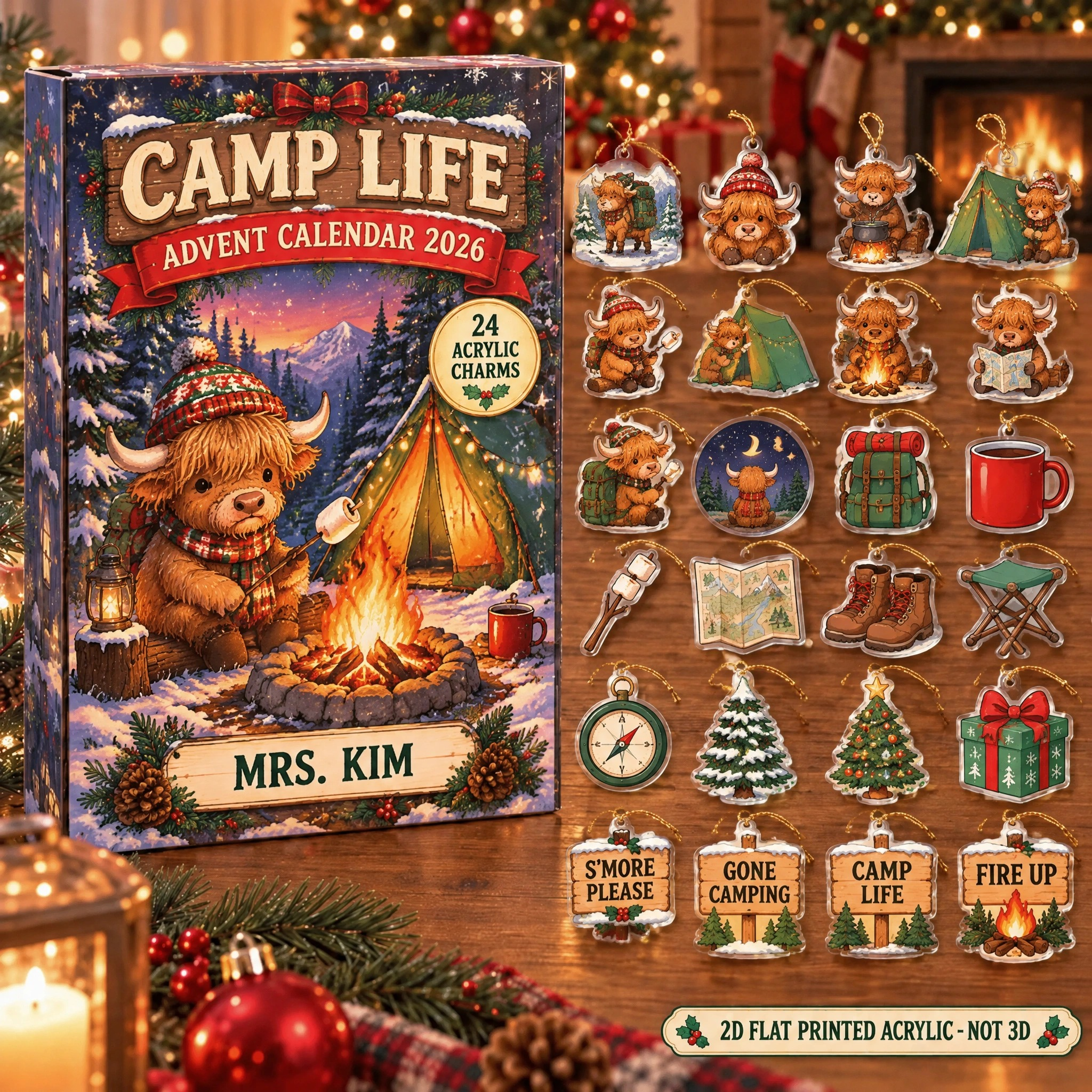 Personalized Camping Highland Cow advent calendar box with 24 flat acrylic Christmas charms