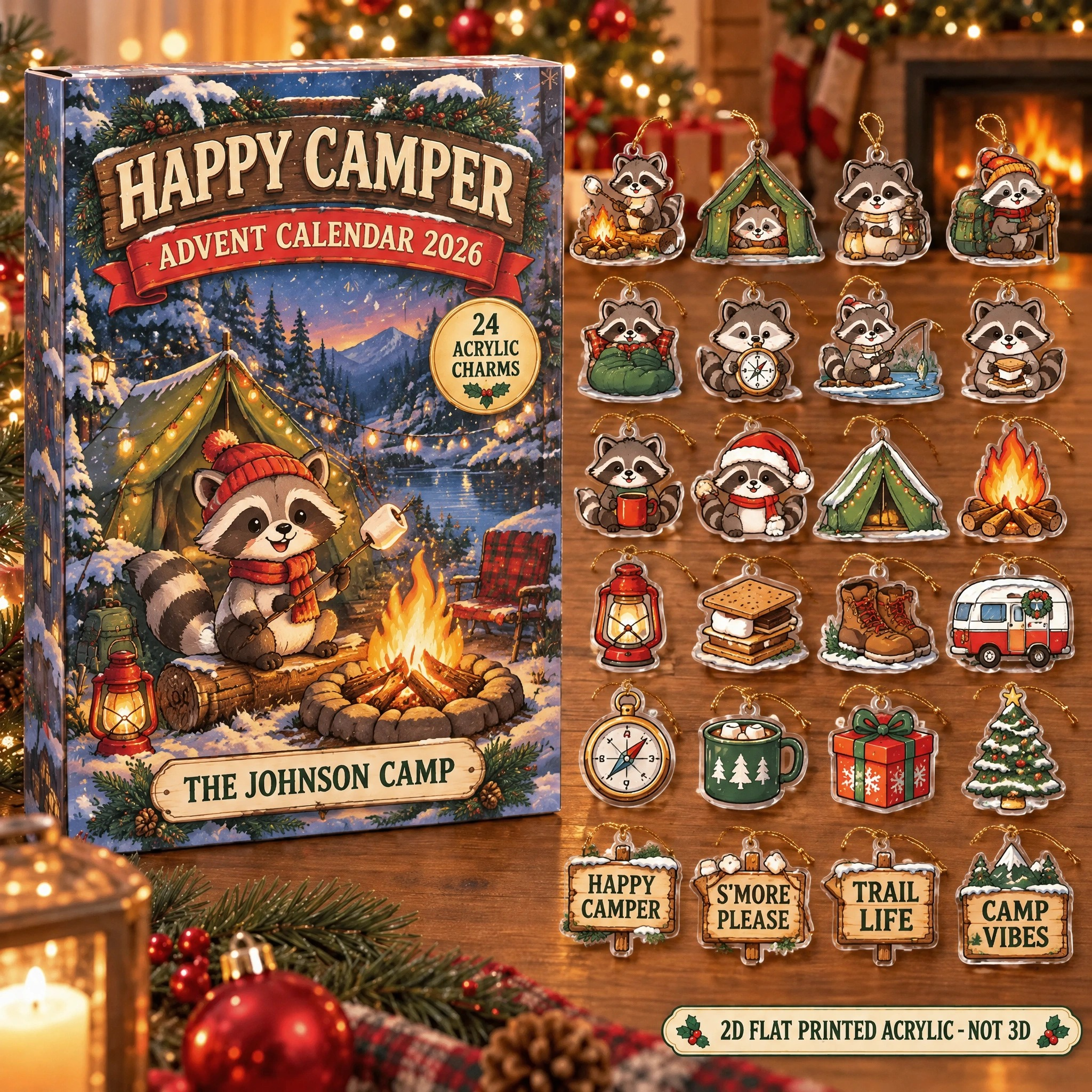 Personalized Happy Camper Raccoon advent calendar box with 24 flat acrylic Christmas charms