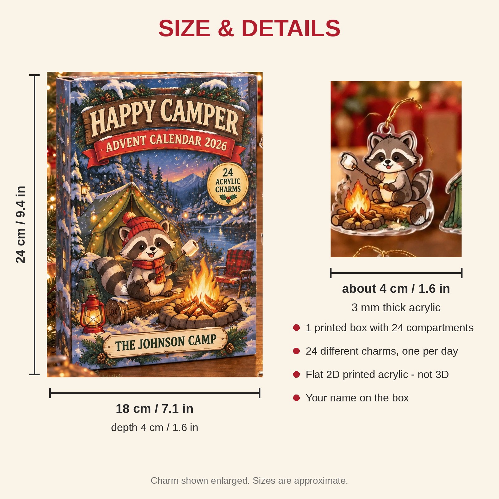Personalized Happy Camper Raccoon advent calendar box with 24 flat acrylic Christmas charms: box and charm sizes
