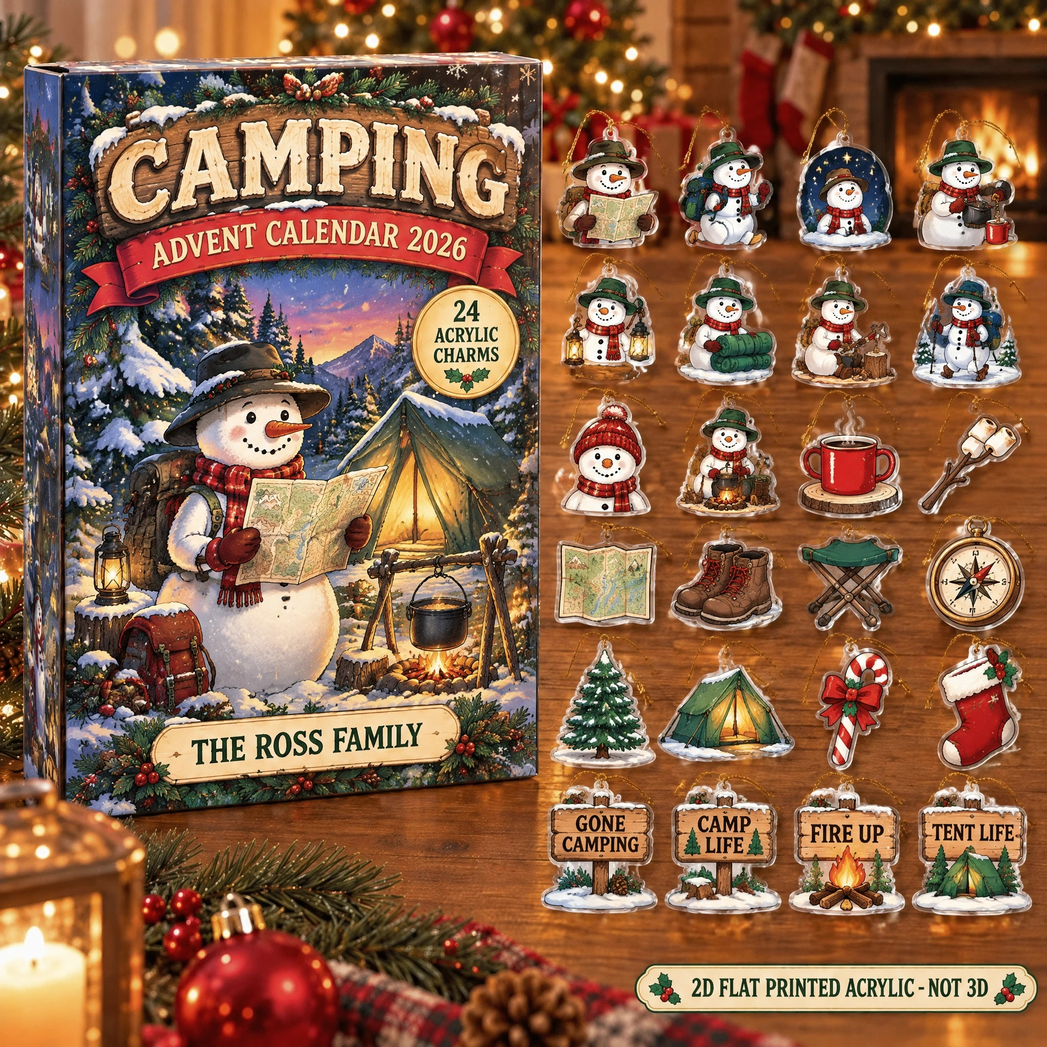 Personalized Camping Snowman advent calendar box with 24 flat acrylic Christmas charms