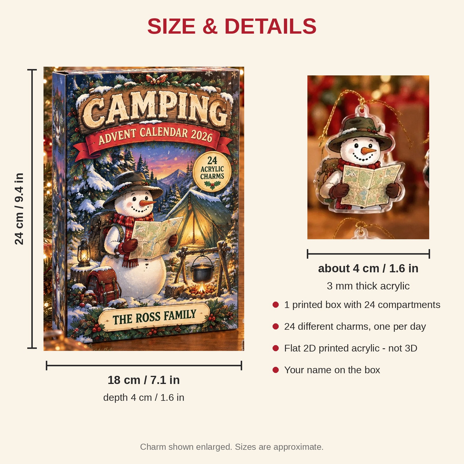 Personalized Camping Snowman advent calendar box with 24 flat acrylic Christmas charms: box and charm sizes