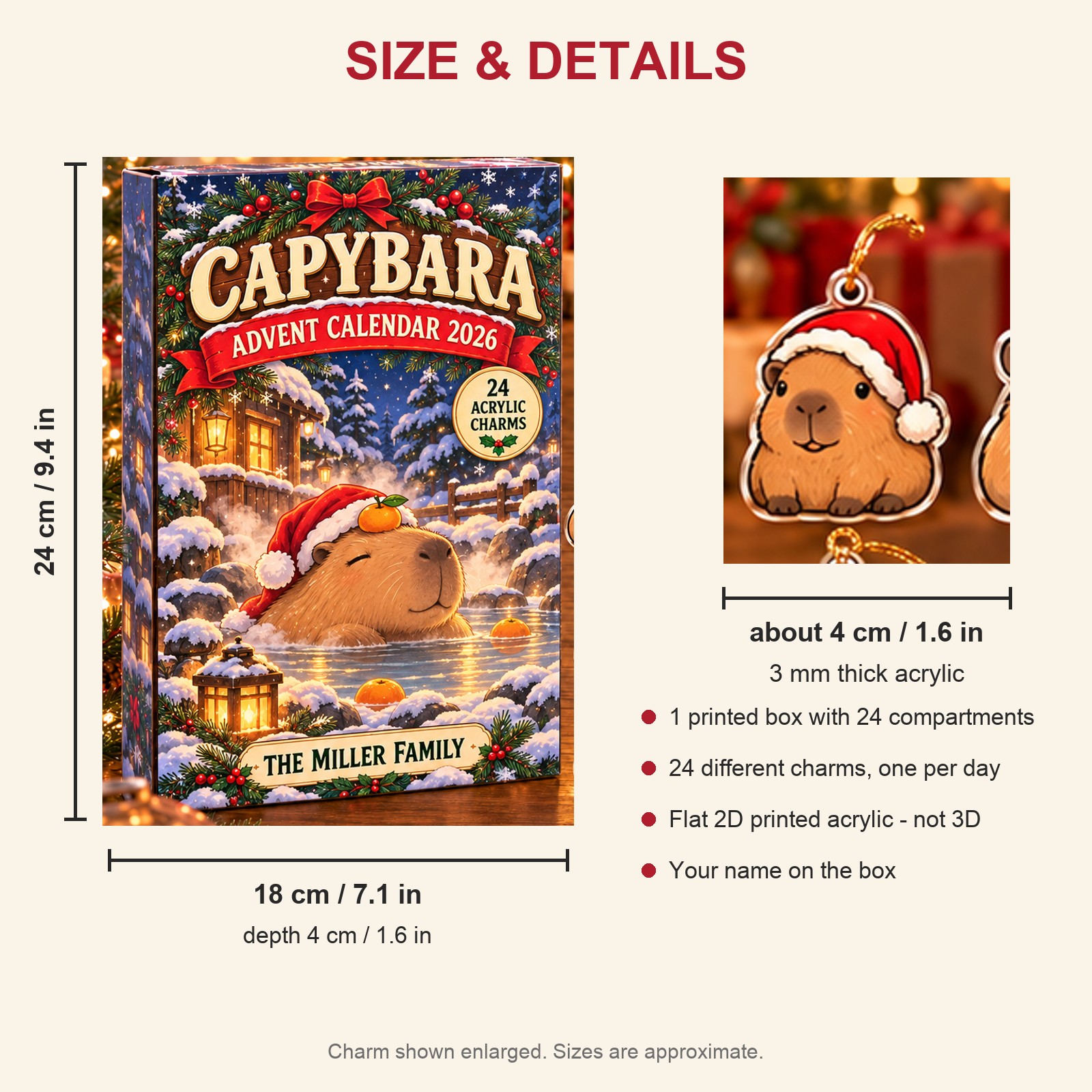 Personalized capybara advent calendar box with 24 flat acrylic Christmas charms: box and charm sizes