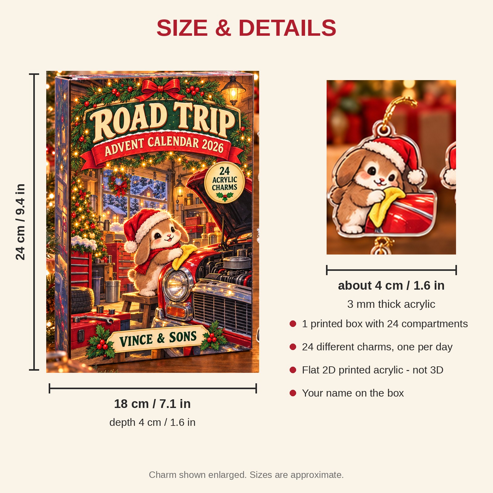 Personalized Car Guy Bunny advent calendar box with 24 flat acrylic Christmas charms: box and charm sizes