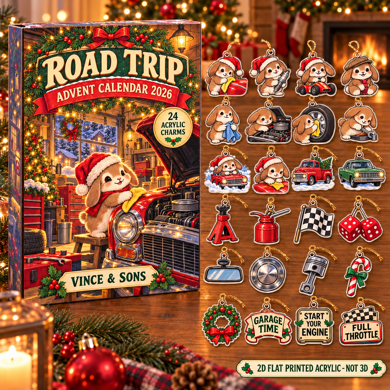 Personalized Car Guy Bunny advent calendar box with 24 flat acrylic Christmas charms