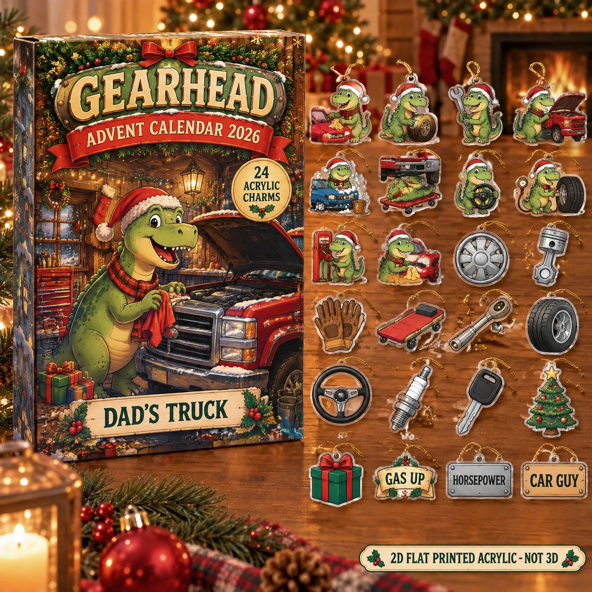 Personalized Car Guy Dinosaur advent calendar box with 24 flat acrylic Christmas charms