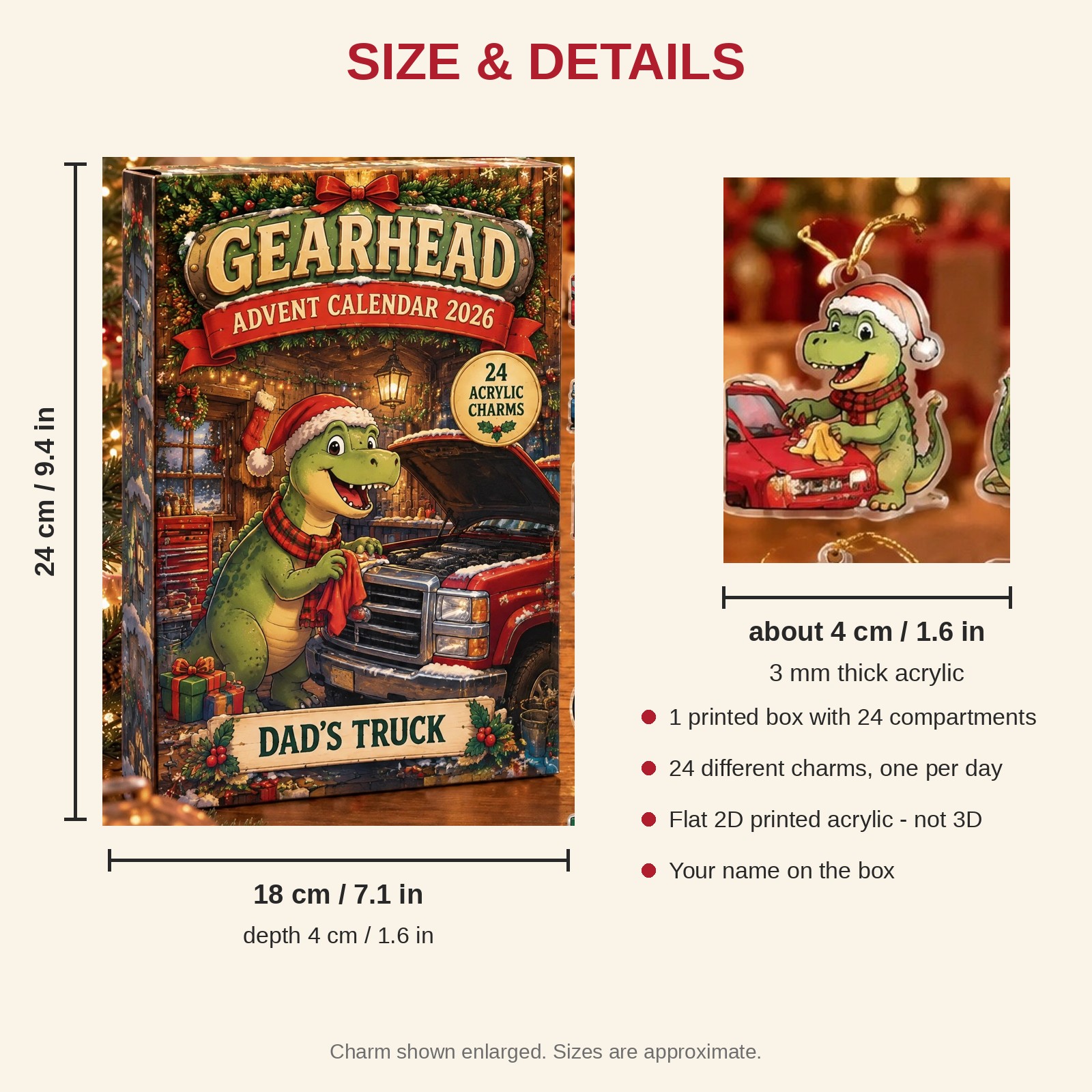 Personalized Car Guy Dinosaur advent calendar box with 24 flat acrylic Christmas charms: box and charm sizes