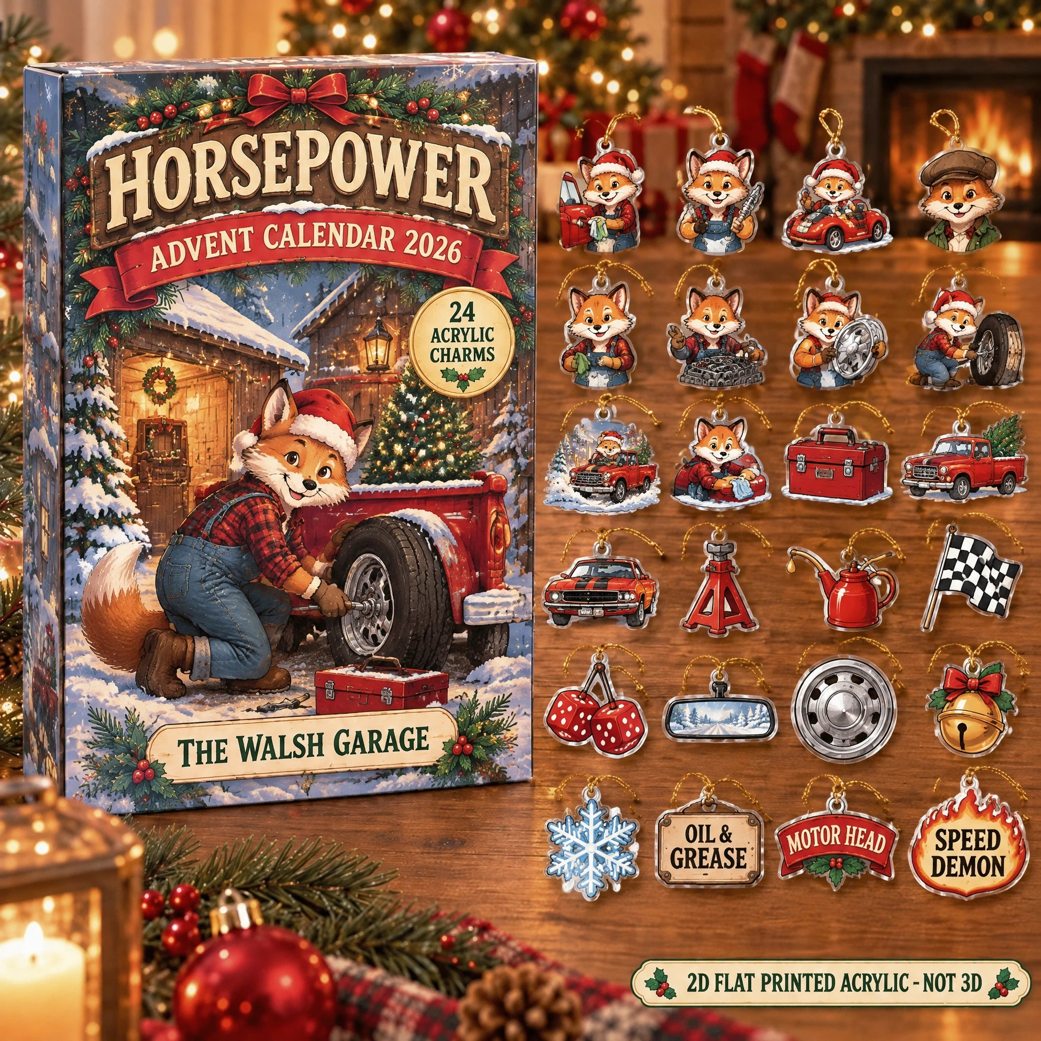 Personalized Car Guy Fox advent calendar box with 24 flat acrylic Christmas charms