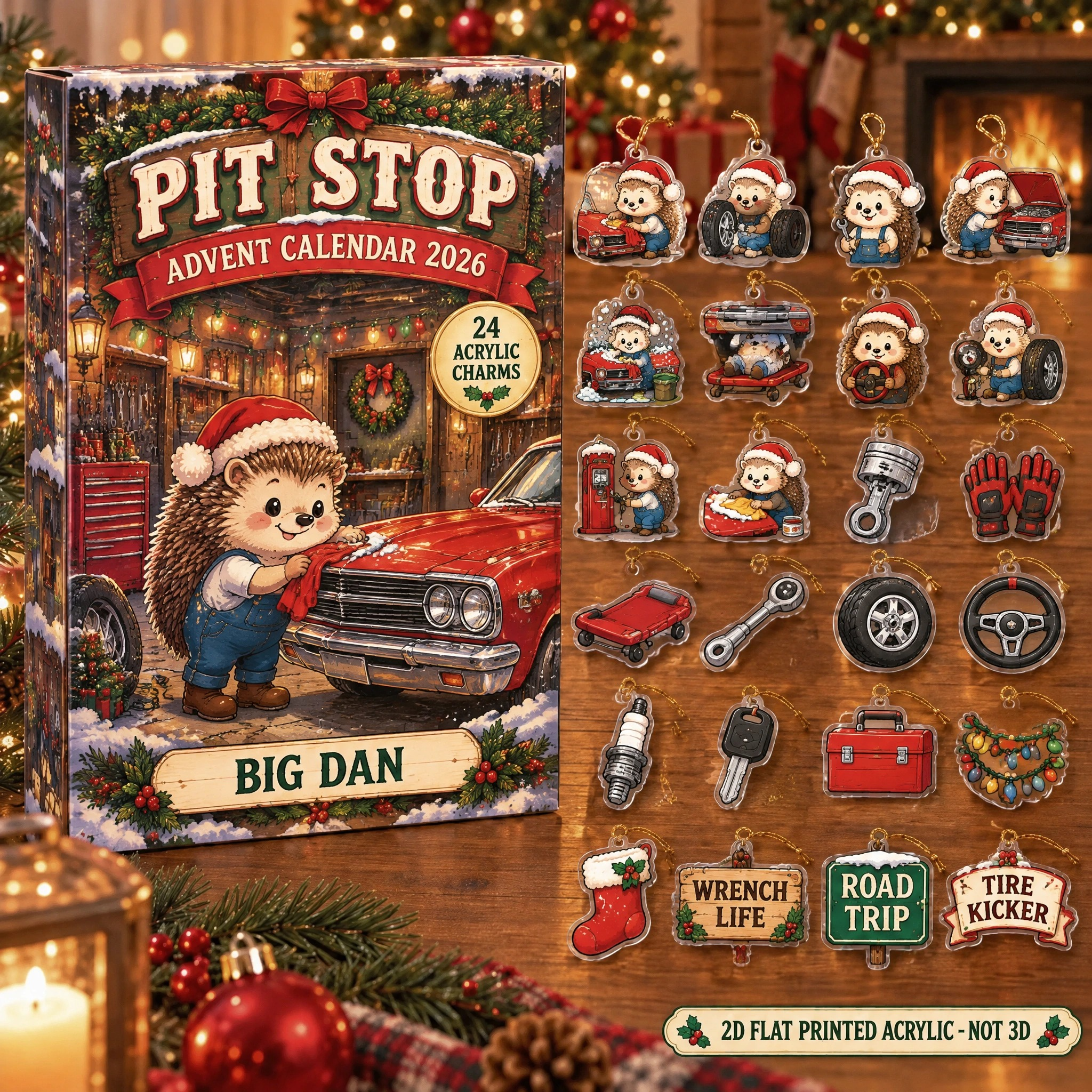 Personalized Car Guy Hedgehog advent calendar box with 24 flat acrylic Christmas charms