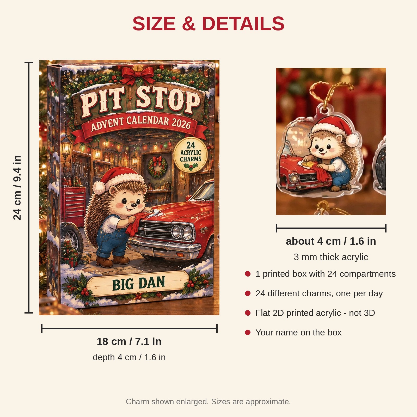 Personalized Car Guy Hedgehog advent calendar box with 24 flat acrylic Christmas charms: box and charm sizes