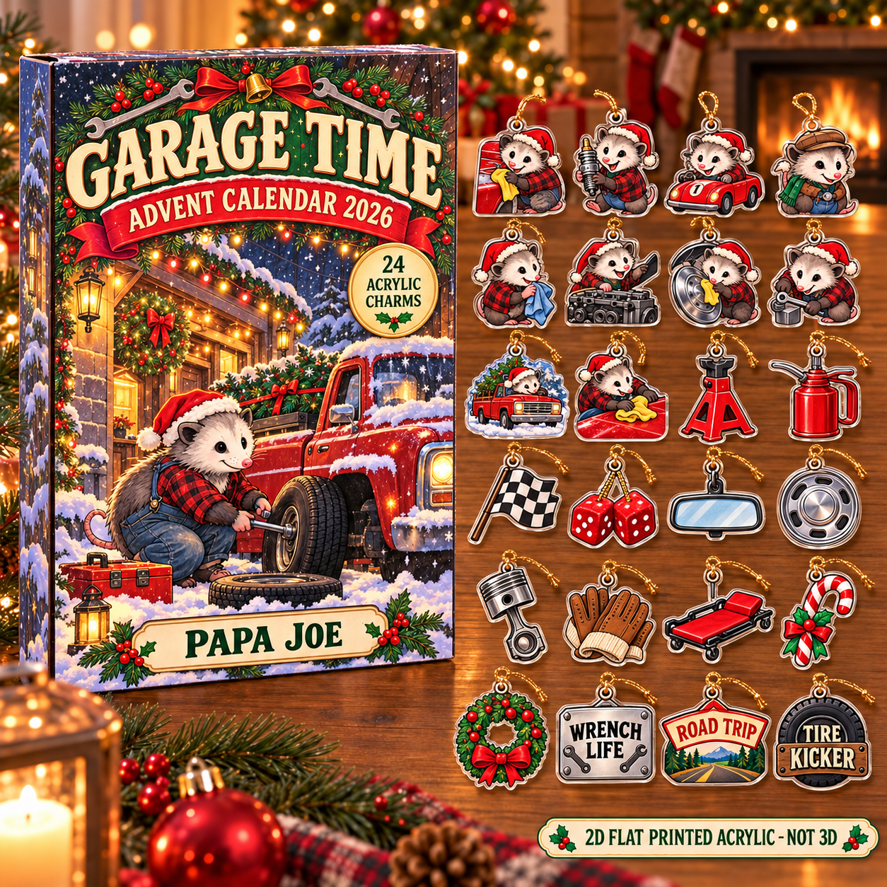 Personalized Car Guy Opossum advent calendar box with 24 flat acrylic Christmas charms