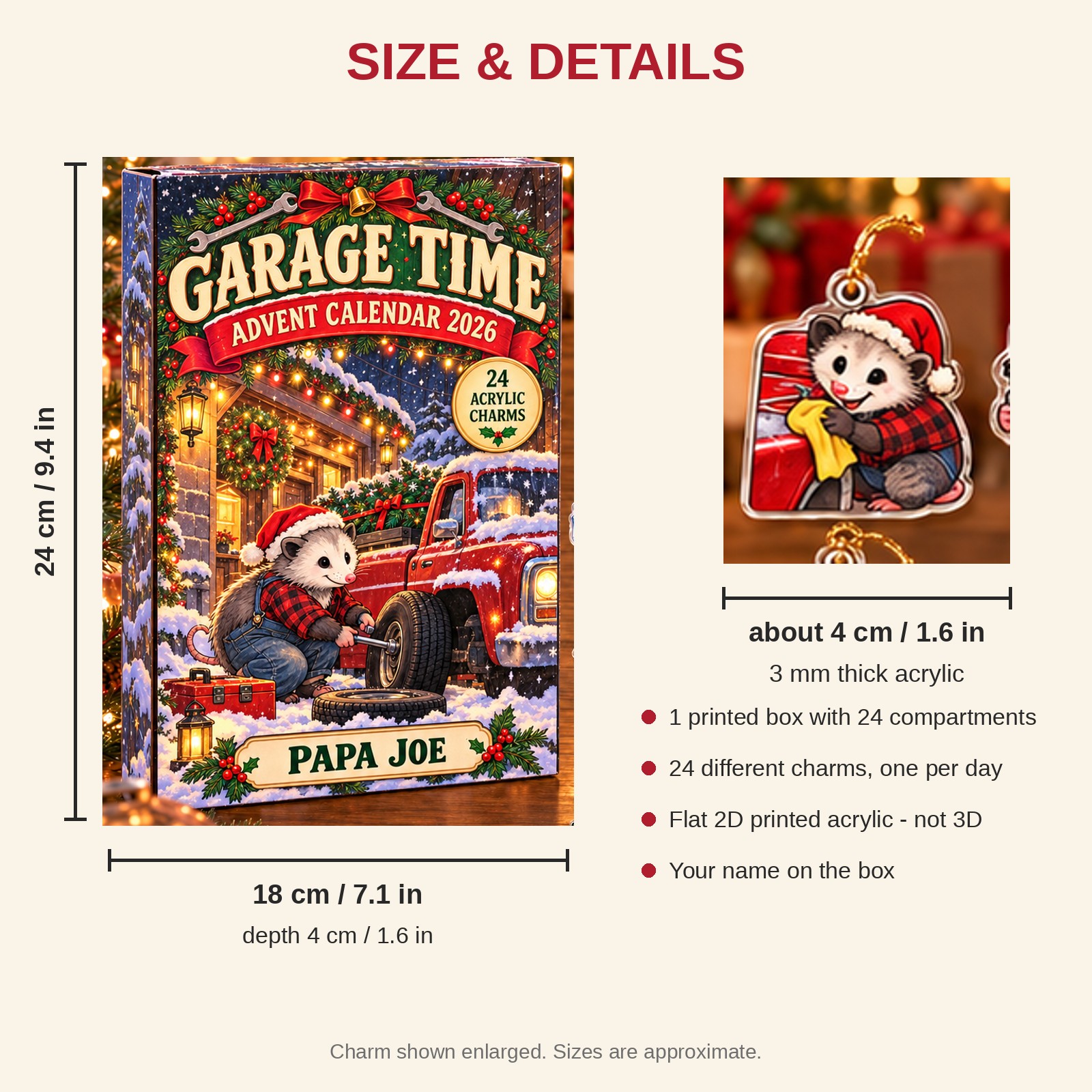 Personalized Car Guy Opossum advent calendar box with 24 flat acrylic Christmas charms: box and charm sizes