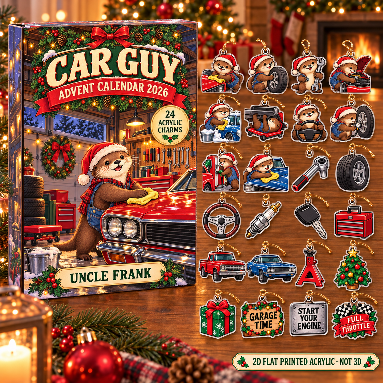 Personalized Car Guy Otter advent calendar box with 24 flat acrylic Christmas charms