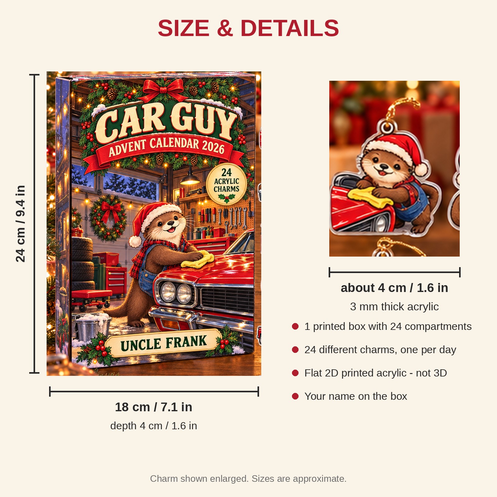 Personalized Car Guy Otter advent calendar box with 24 flat acrylic Christmas charms: box and charm sizes